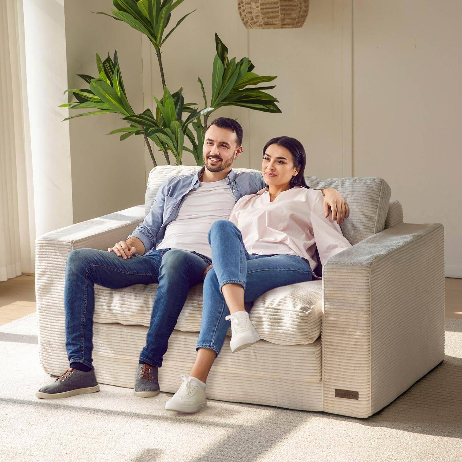 Ein lächelndes Paar sitzt zusammen auf einem hellfarbigen Sofa in einem hellen Wohnzimmer mit einer großen Topfpflanze hinter ihnen.