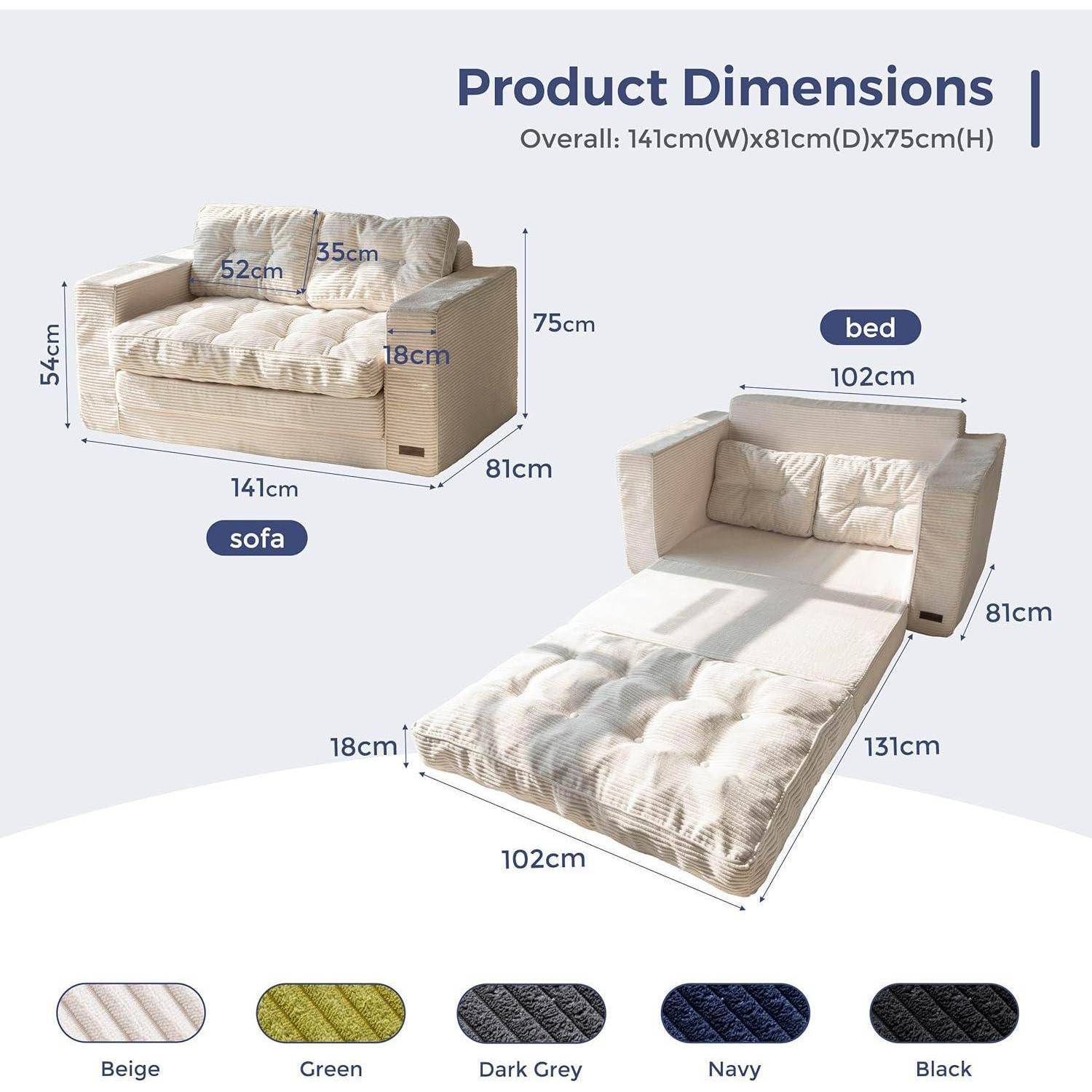 Produktdimensionen-Infografik, die ein Sofa zeigt, das sich in ein Bett umwandelt; insgesamt 141 cm B x 81 cm T x 75 cm H. Sofa- und Bettabmessungen sind gekennzeichnet, mit Farboptionen Beige, Grün, Dunkelgrau, Marineblau und Schwarz.