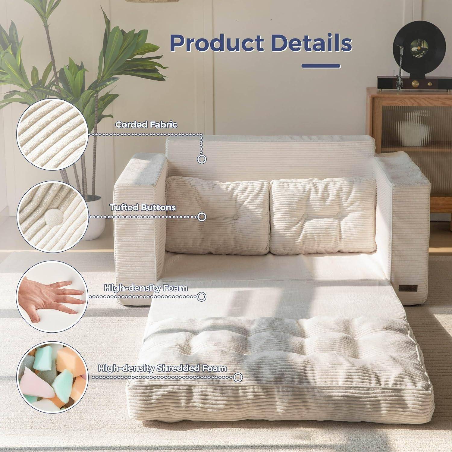 Produktdetails eines beigefarbenen ausklappbaren Sofabetts mit Kordstoff, gesteppten Knöpfen, hochwertigem Schaumstoff und geschreddertem Schaumstoff.