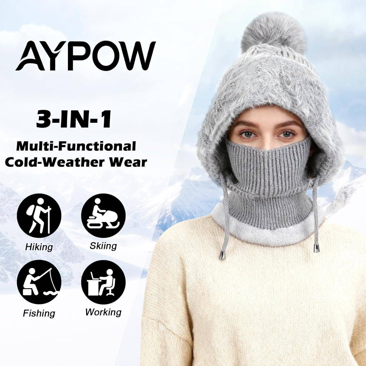 Werbebild für Aypow 3-in-1 Multifunktions-Kaltweiterkleidung, das eine Frau mit grauer Strickmütze, Gesichtsbedeckung und Kapuze zeigt, mit Symbolen zum Wandern, Skifahren, Fischen und Arbeiten.