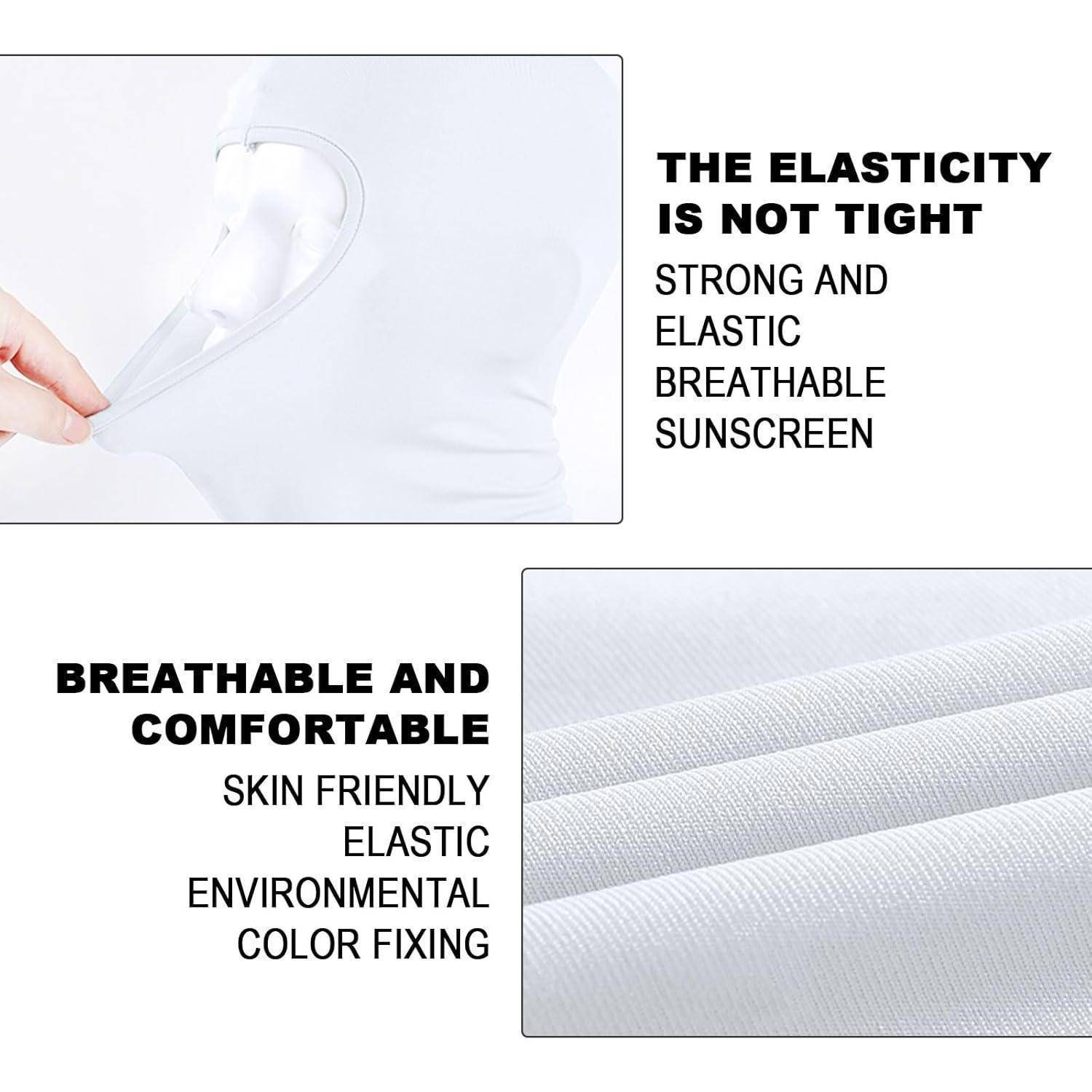 Werbegrafik mit einer Hand, die dünnen weißen Stoff dehnt, wobei "Die Elastizität ist nicht eng"" und ""Atmungsaktiv und bequem"" für ein starkes, elastisches Sonnenschutzmaterial hervorgehoben werden.