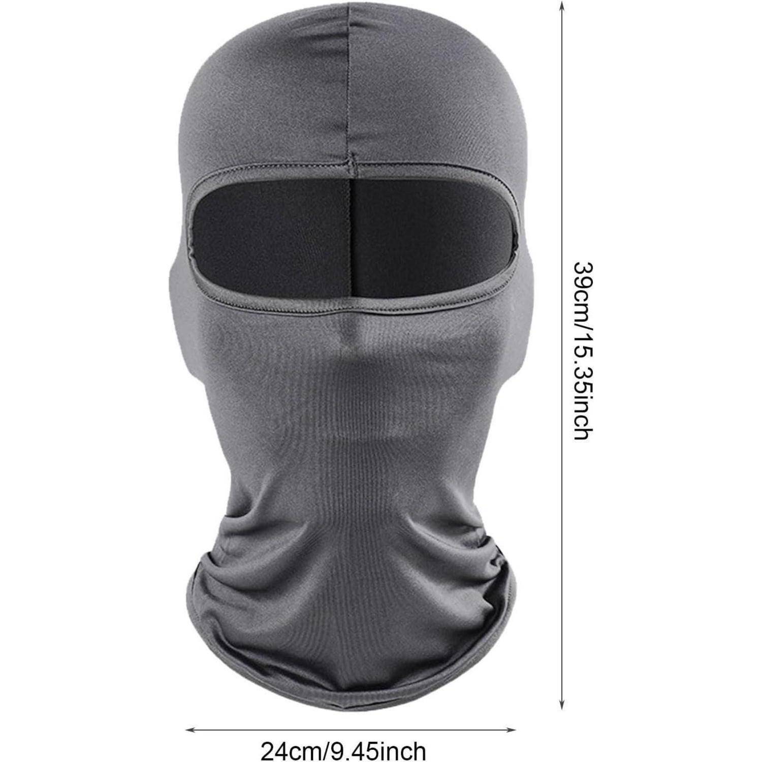 Graue Sturmhaube mit vollem Gesicht und Augenlöchern, Vorderansicht mit Größenangaben 39 cm Höhe und 24 cm Breite.