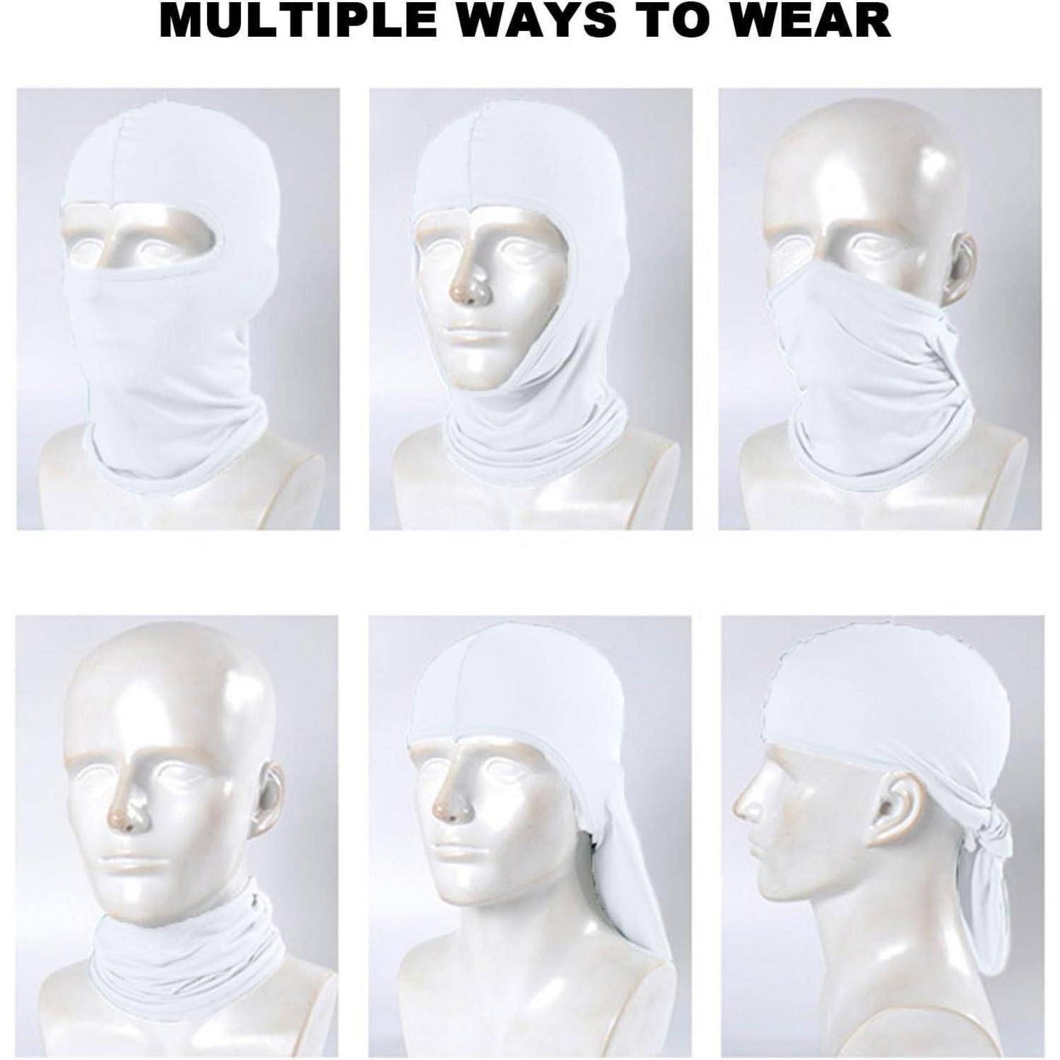 Diagramm mit "MEHRERE MÖGLICHKEITEN ZUM TRAGEN"" einer weißen Gesichtsbedeckung oder eines Schals auf einem Mannequin in sechs verschiedenen Stilen, einschließlich vollständiger Kopf- und Nackenbedeckung sowie zurückgebundener Stile.