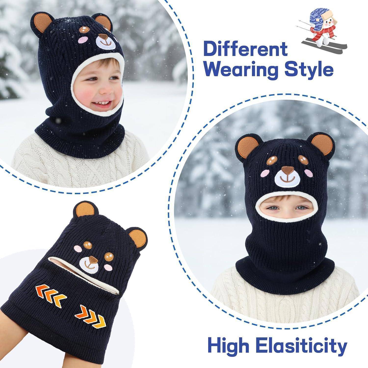 Collage zeigt eine schwarze Strickmütze mit Bärenkopf-Design, die als Kopfbedeckung oder Sturmhaube getragen wird, mit Nahaufnahmen, die verschiedene Trageweisen und hohe Elastizität hervorheben.
