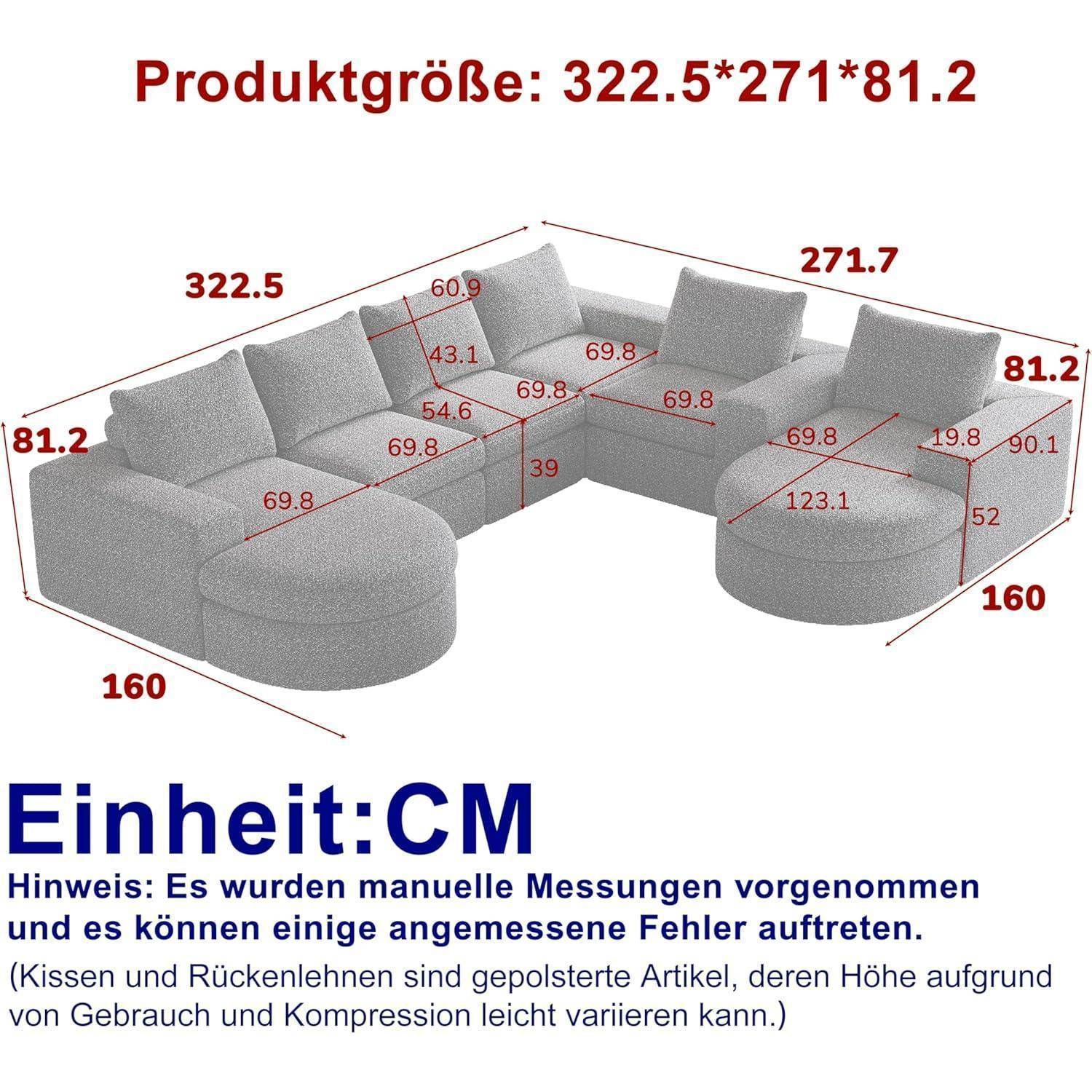 Diagramm eines L-förmigen Ecksofa mit beschrifteten Abmessungen in Zentimetern: Gesamtgröße 322,5 x 271 x 81,2, plus Sitz- und Kissenmessungen.