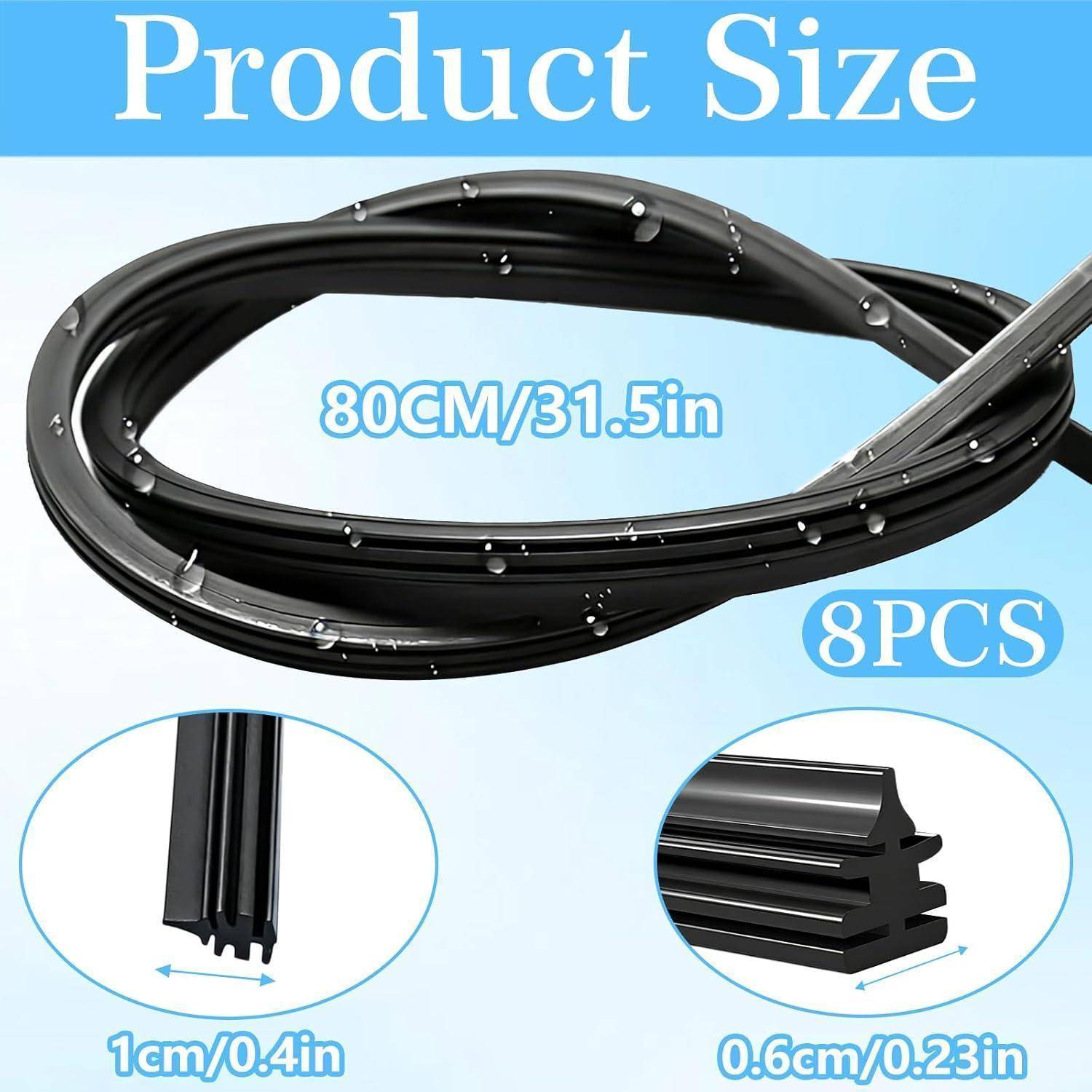 Die Produktgrößengrafik zeigt eine schwarze Gummidichdichtungsspule mit einer Beschriftung von 80cm/31,5in, 8 Stück, mit Profilbreiten von 1cm/0,4in und 0,6cm/0,23in.