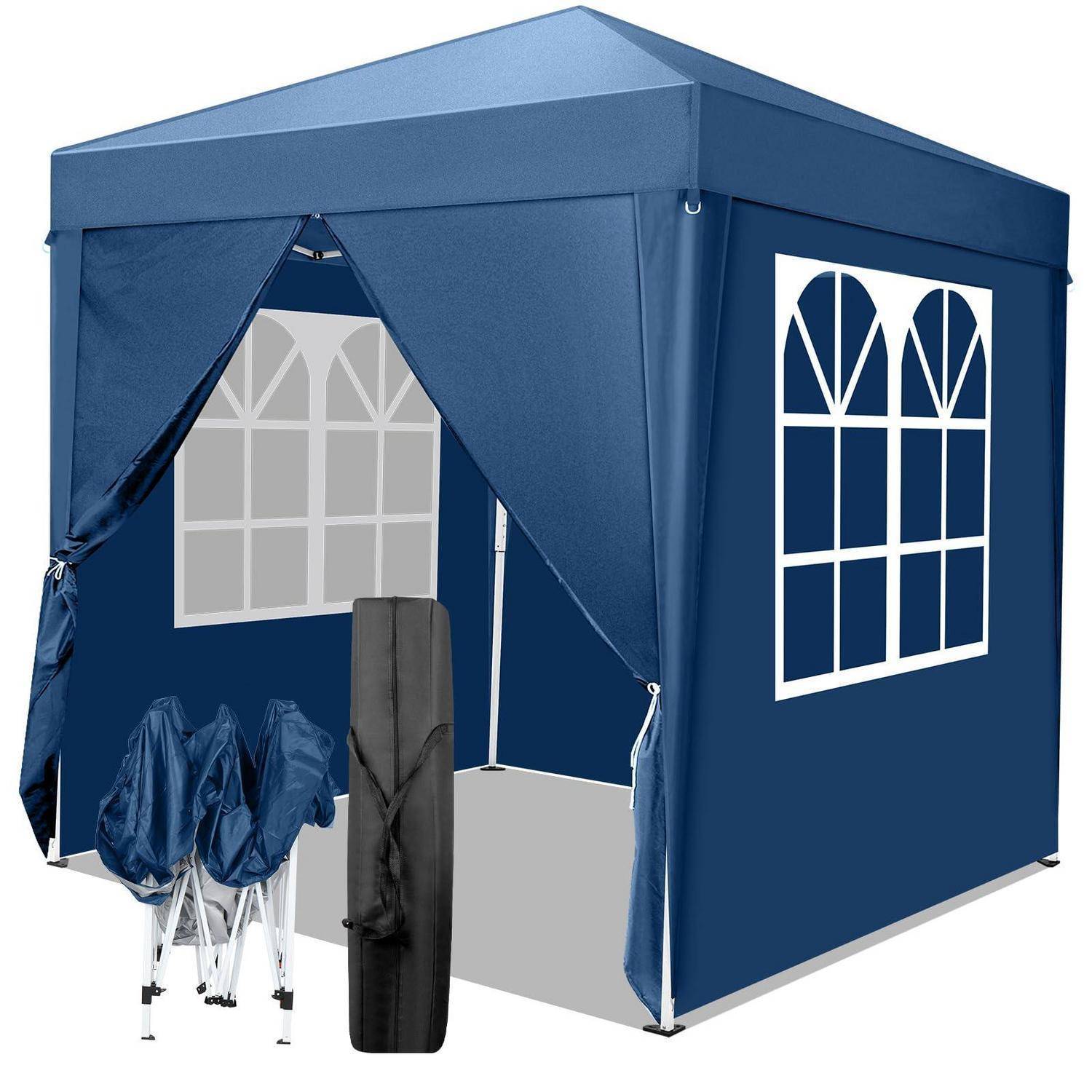 Blaues Popup-Pavillon-Zelt mit Reißverschluss-Vorderöffnung, Seitenfenstern und Tragetasche mit zusammengeklapptem Gestell und Abdeckung.