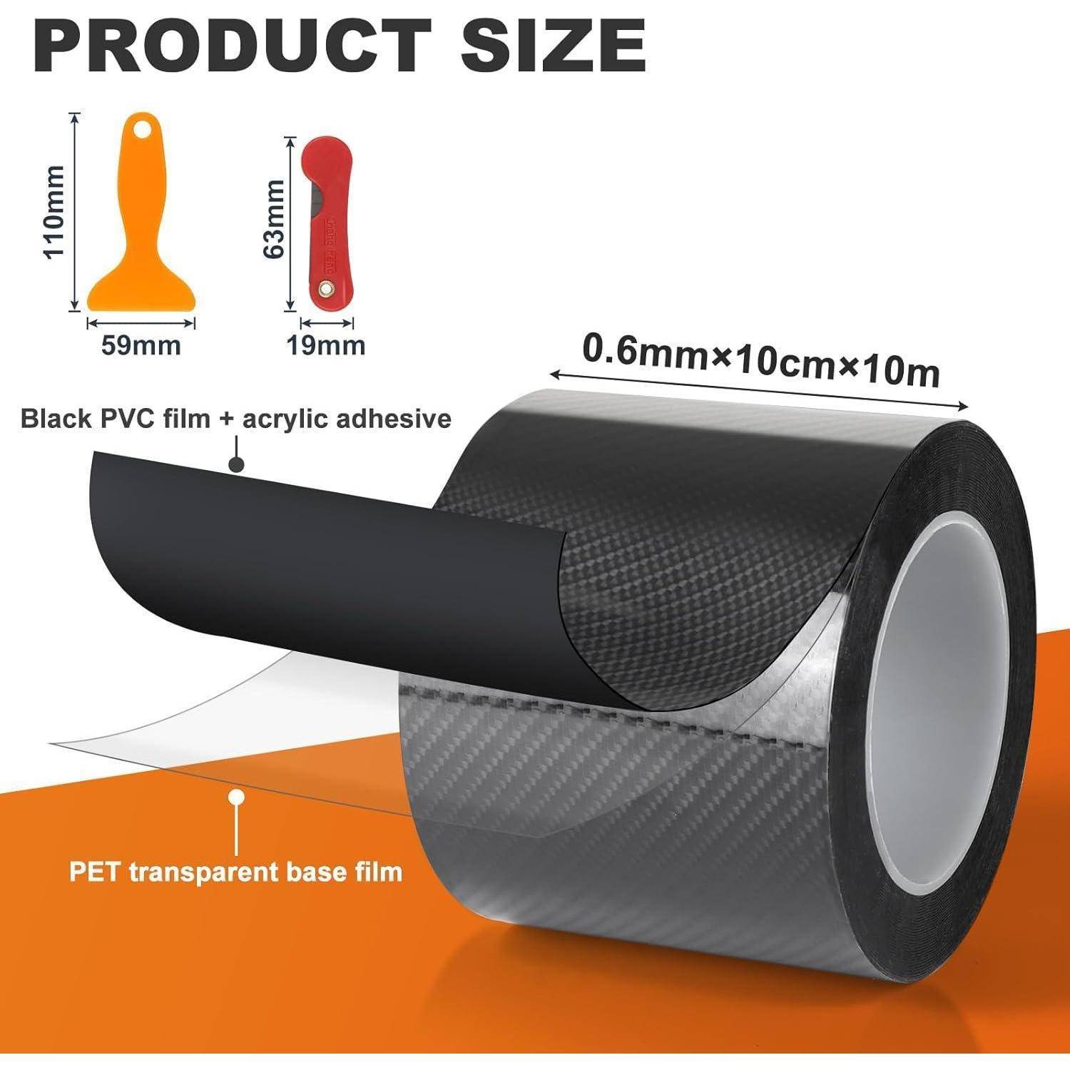 Produktgrößendiagramm für Klebstoffvinylfilm-Rolle: schwarzer PVC-Film mit Acrylklebstoff und transparenter PET-Basisfolie, 0,6 mm x 10 cm x 10 m, mit angezeigten Werkzeuggrößen von 110 mm und 63 mm.