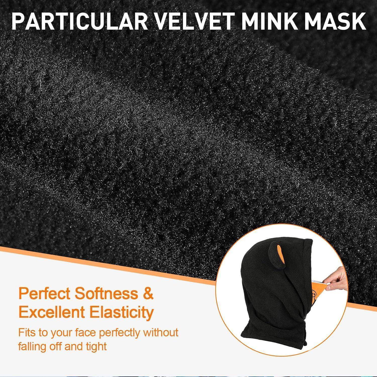 Werbegrafik für "PARTICULAR VELVET MINK MASK"" mit schwarzer Stofftextur und einer Nahaufnahme der Maske, mit Text, der ""Perfekte Weichheit & Ausgezeichnete Elastizität"" hervorhebt und eine perfekte Passform zeigt.