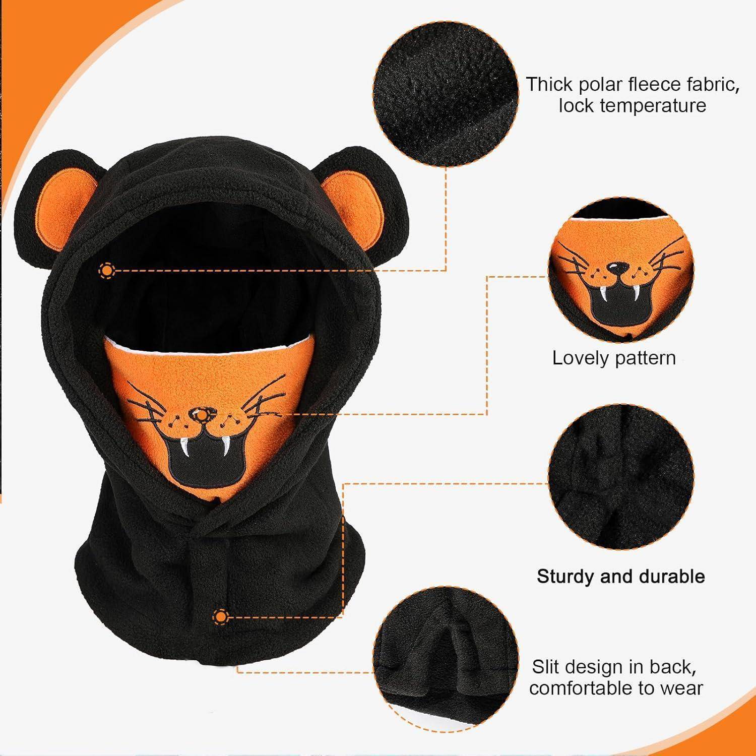 Schwarzes Haustier-Kostüm mit Kapuze, Bärenohren und orangem Tiger-Gesichtsmuster, hervorgehoben als dickes Fleece, langlebig und komfortabel mit Rückenschlitz-Design.