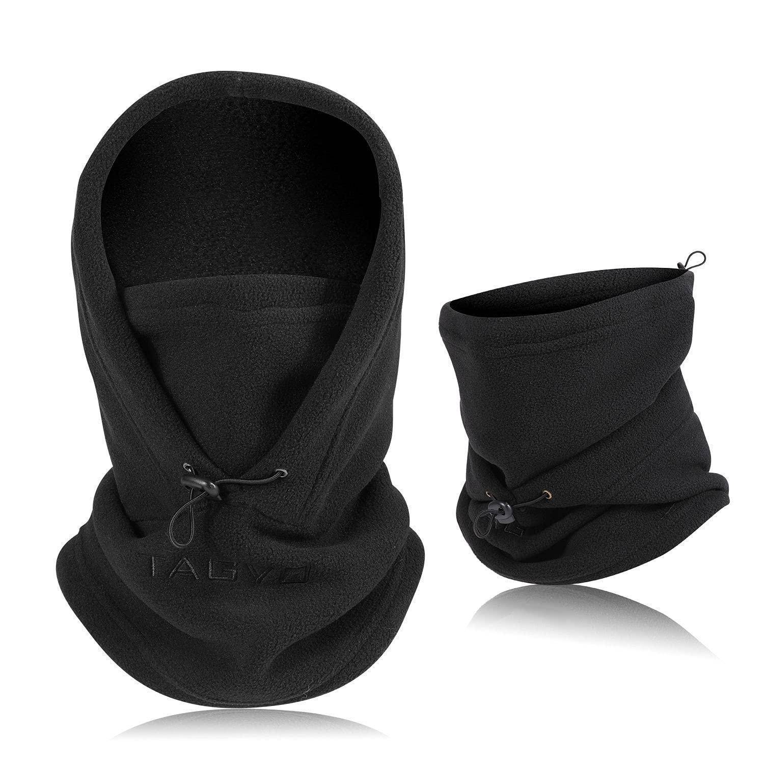Schwarzer Fleece-Kapuzenpullover und Nackengesichtsmaske gezeigt in zwei Ansichten, mit verstellbarer Kordelzug und Gesichtsbedeckungsdesign.