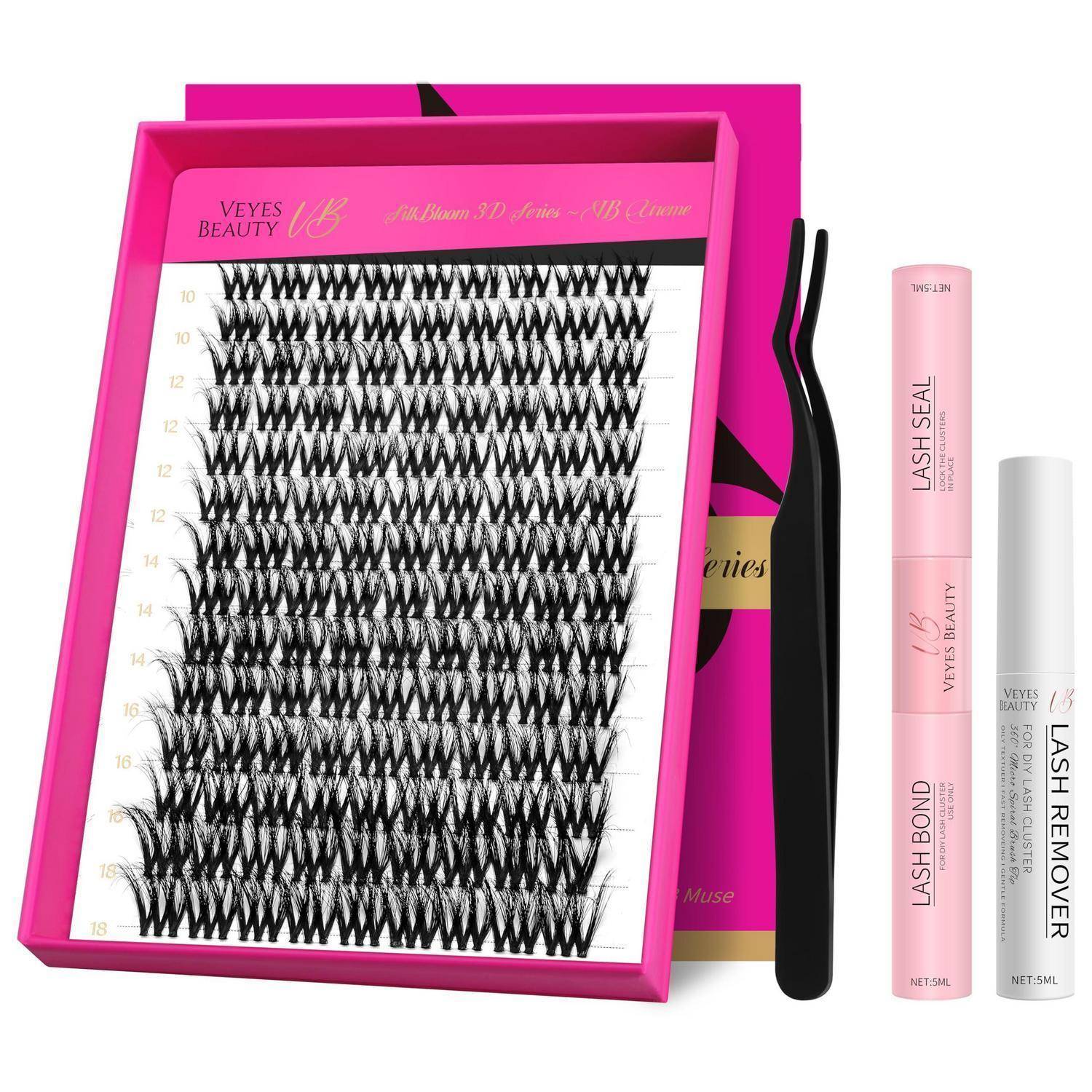 Satz von Wimpernverlängerungszubehör: ein Tablett mit künstlichen Wimpern mit Pinzette, Wimpernversiegelung, Wimpernkleber und Flaschen mit Wimpernentferner.