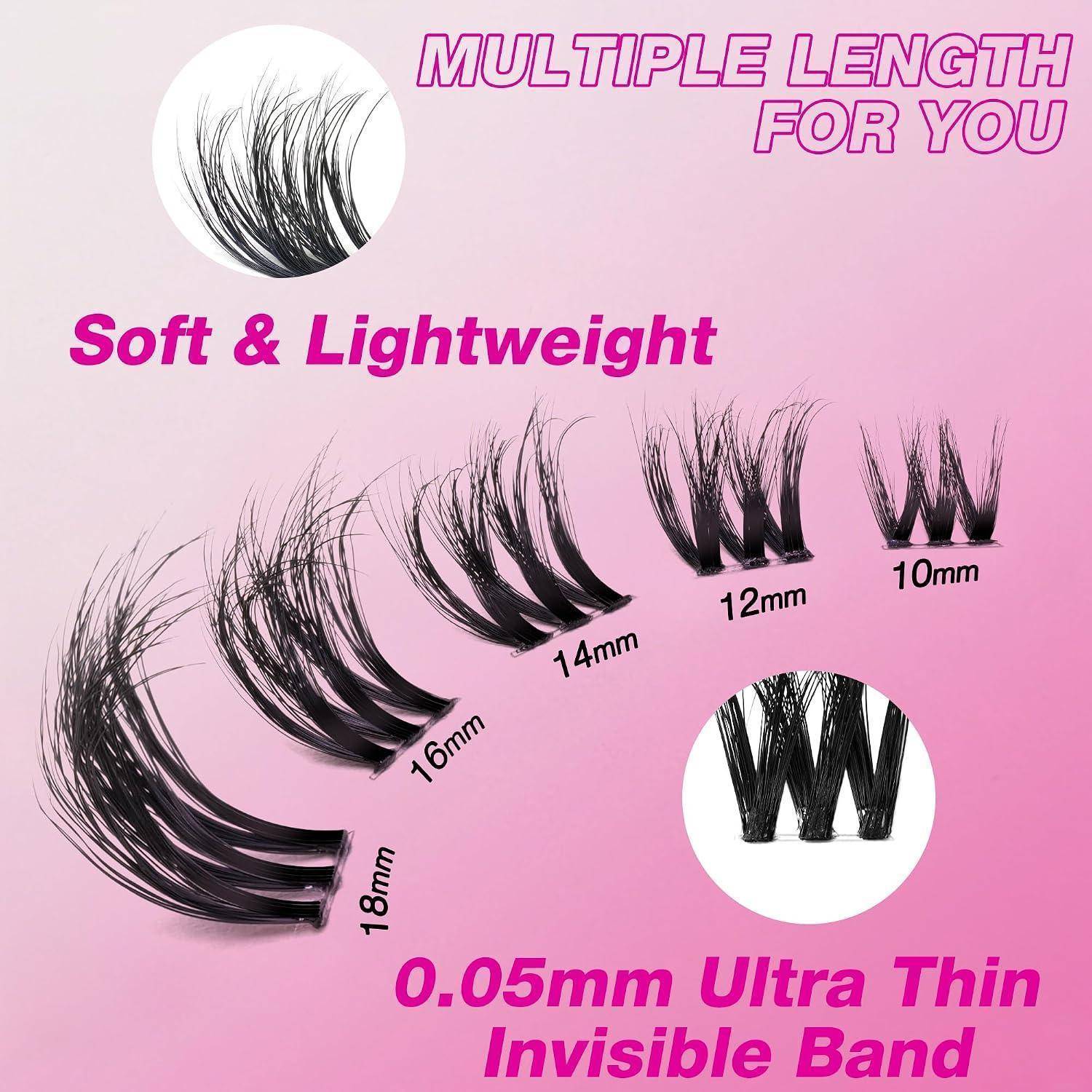 Rosafarbene Anzeige mit falschen Wimpern in verschiedenen Längen von 10 mm bis 18 mm, beschriftet mit „Soft & Lightweight