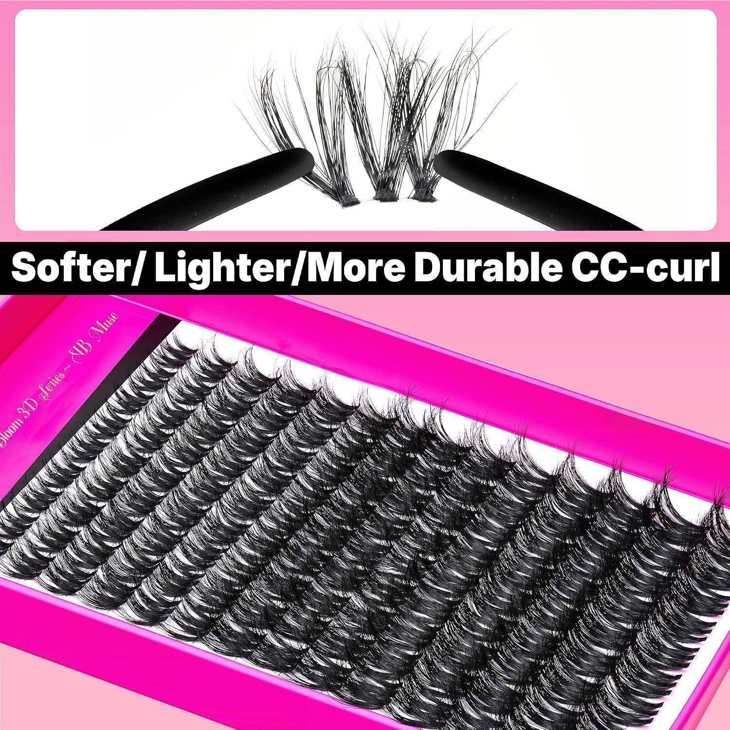 Werbebild von schwarzen Wimpernverlängerungen, das einen Vergleich der Krümmung und ein Tablett mit der Aufschrift „Softer/Lighter/More Durable CC-curl