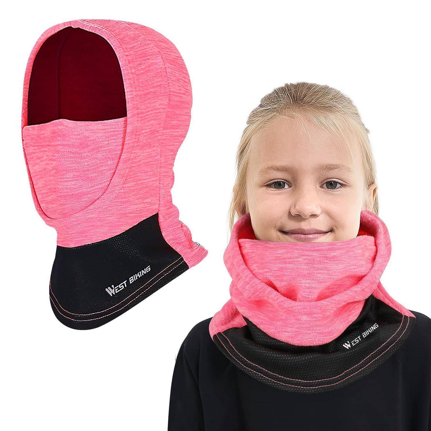Rosa Sturmhaube mit Hals-Wärmern, gezeigt an einem Kindergrößen-Modell, mit separater Ansicht der Haube allein.