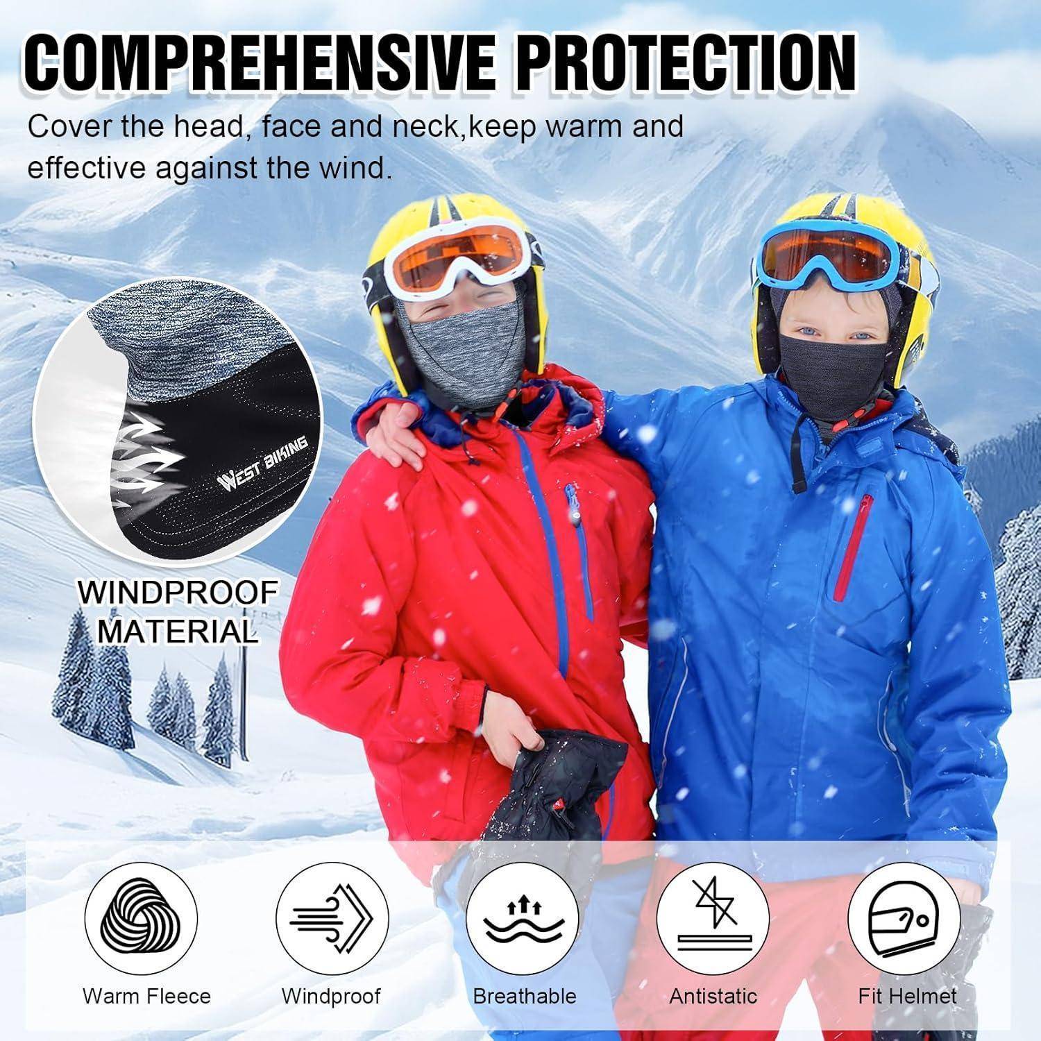 Werbebild für Winterausrüstung, das zwei Personen in roten und blauen Skijacken, Schutzbrillen und Gesichtsbedeckungen zeigt, mit dem Text „Umfassender Schutz