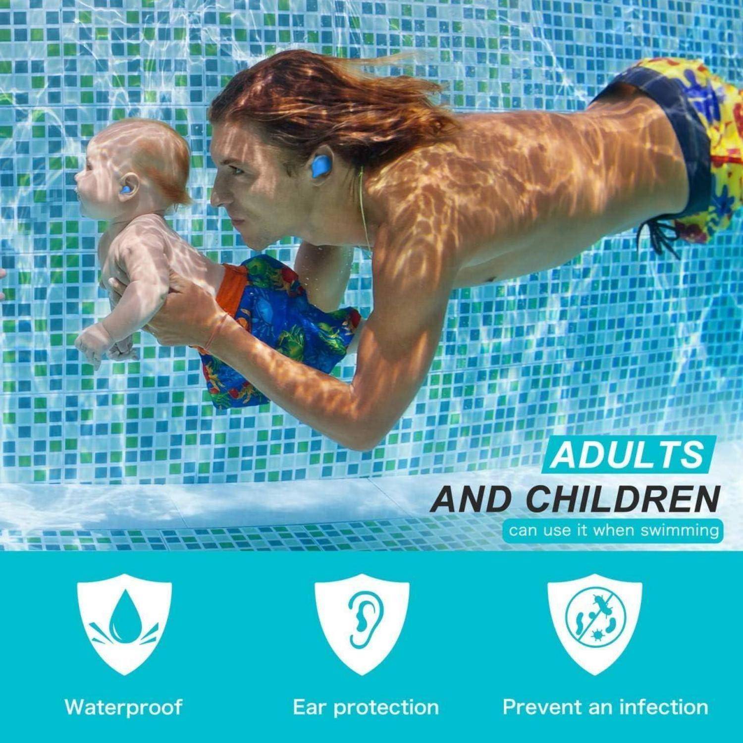 Frau schwimmt unter Wasser mit einem Baby in einem Schwimmbad; der Text besagt, dass Erwachsene und Kinder es beim Schwimmen verwenden können, mit wasserdichten, Ohren- und Infektionsschutz-Symbolen.