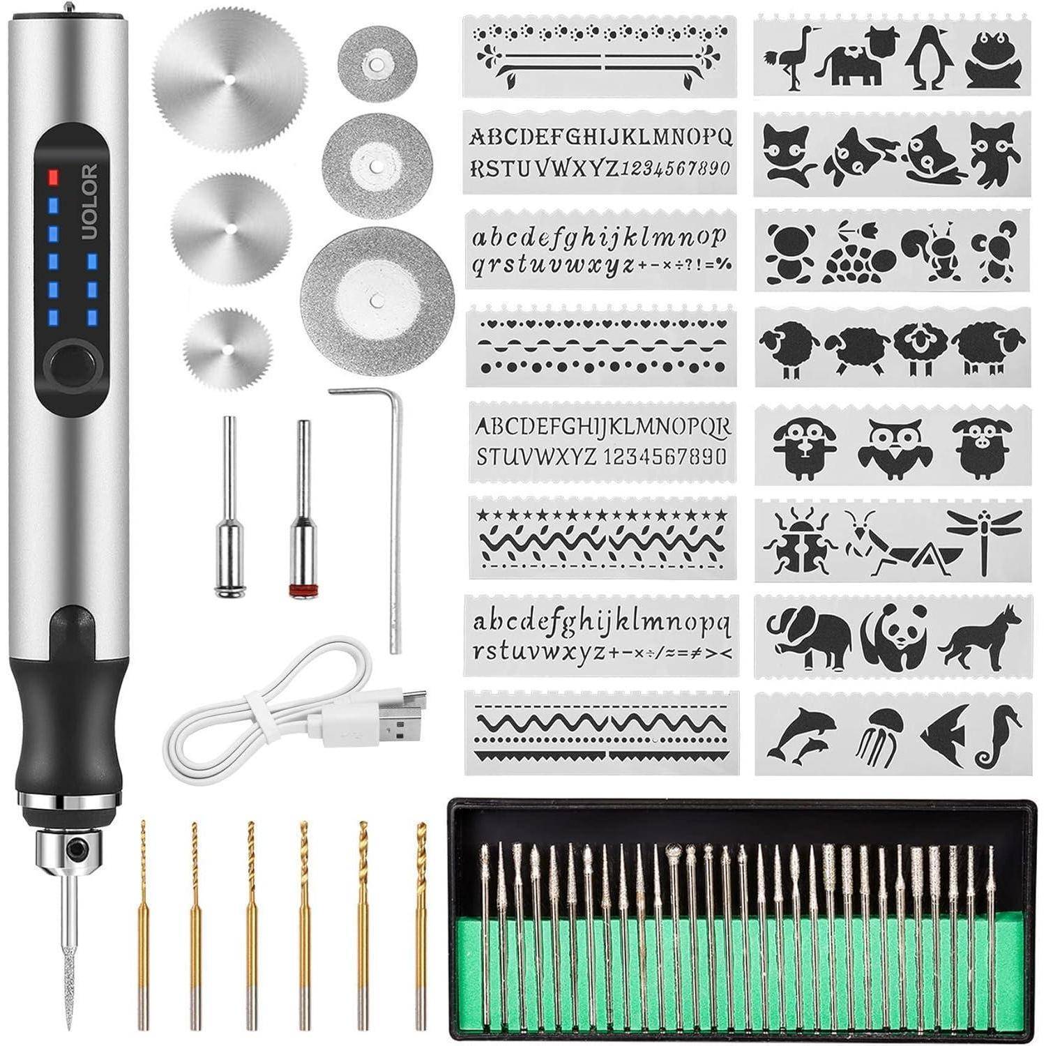 Elektroschleifermaschinen-Set mit Griff, verschiedene Schneid- und Schleifscheiben, Bohrer, USB-Kabel und Schablonvorlagen mit Buchstaben, Zahlen, Mustern und Tierfiguren.