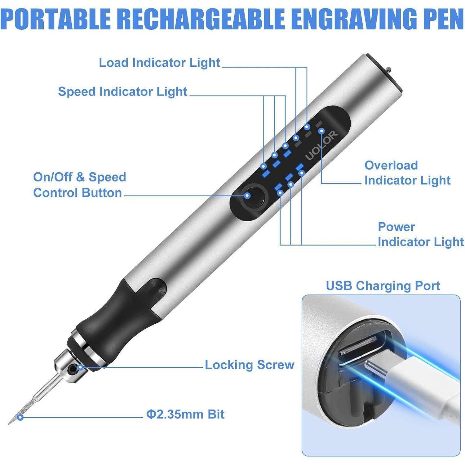 Beschriftetes Diagramm eines tragbaren wiederaufladbaren Gravurstifts mit seinen Bedienelementen, Anzeigelichtern, USB-Ladeanschluss, Arretierschraube und 2,35-mm-Bit.
