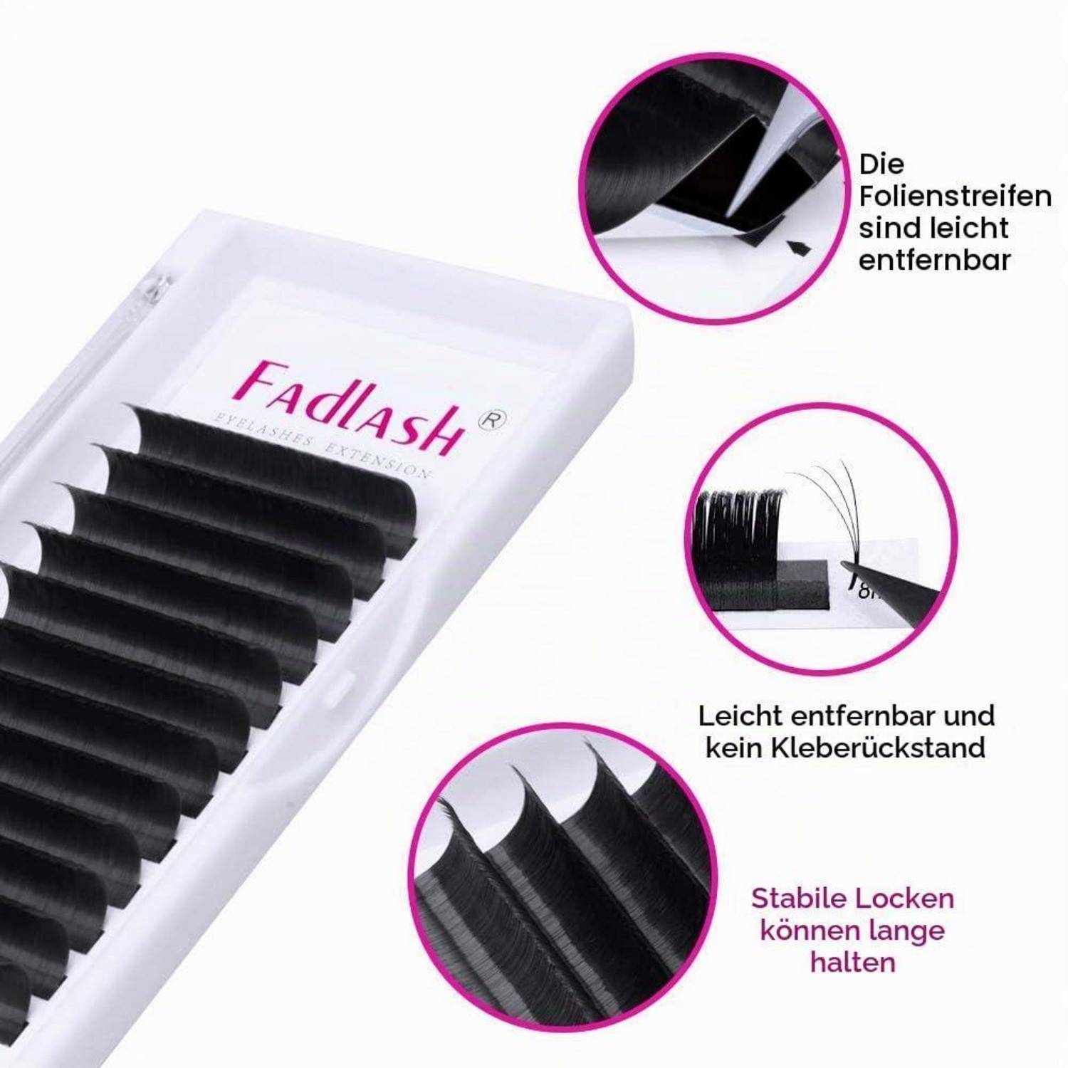 Fadlash-Wimpernverlängerungsstücke in einer Packung, mit Hinweisen auf einfaches Entfernen, keine Klebstoffrückstände und langlebige, stabile Locken.