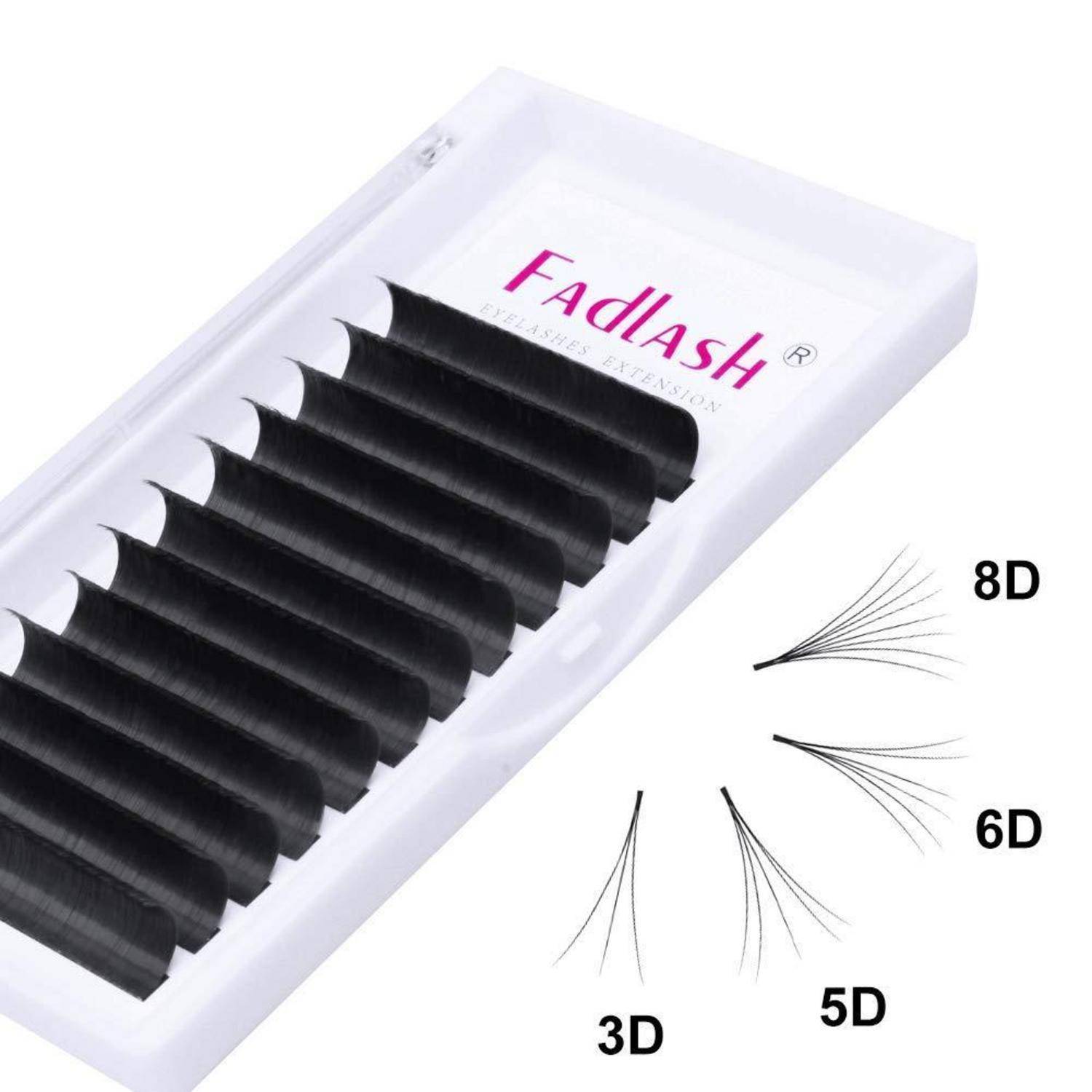 Tablett mit schwarzen Wimpernverlängerungssträhnen mit der Aufschrift „Fadlash