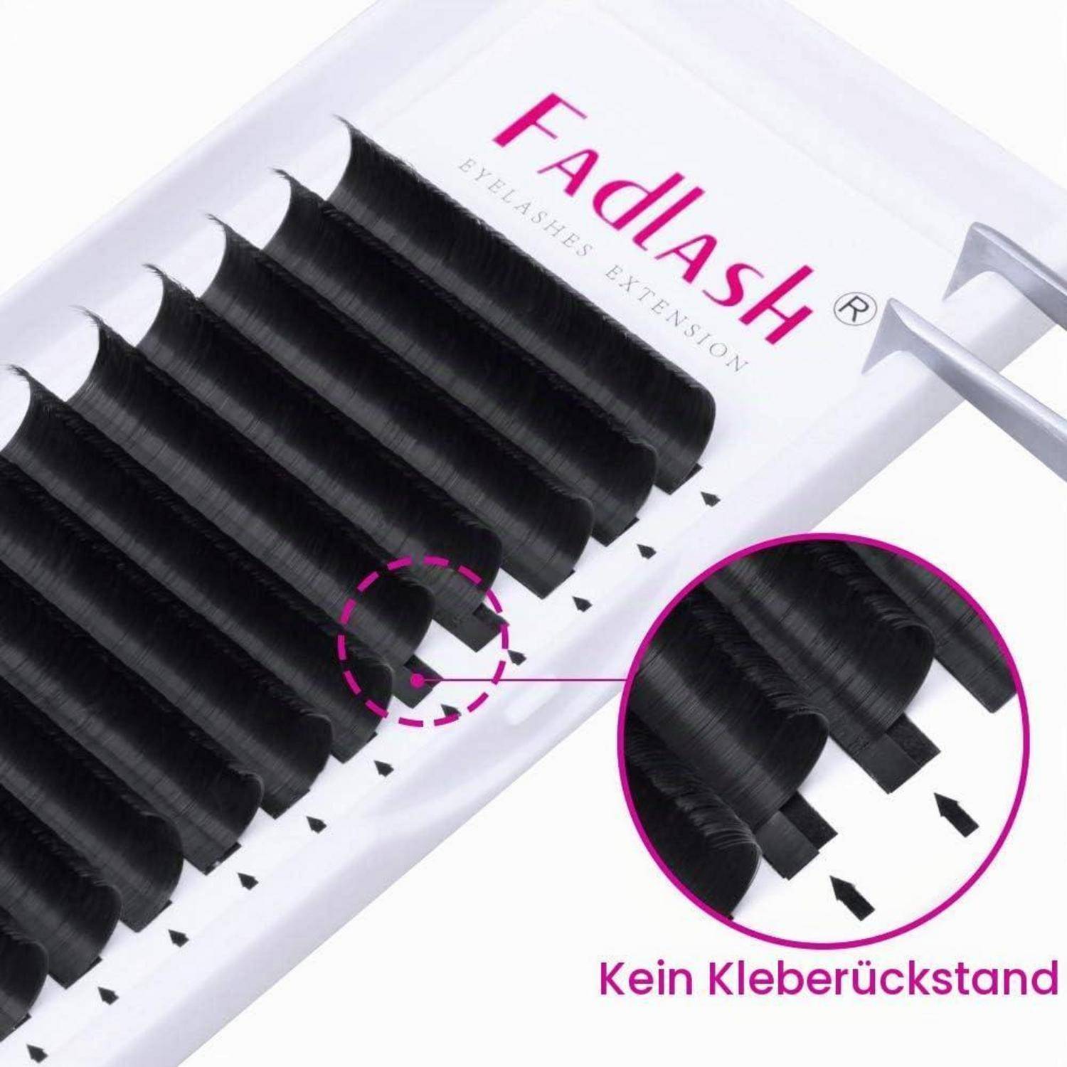 Nahaufnahme von Fadlash-Wimpernverlängerungs-Streifen auf einem Tablett, mit einer vergrößerten Einfügung, die die Wimpernenden hervorhebt, und dem Text „Kein Kleberückstand