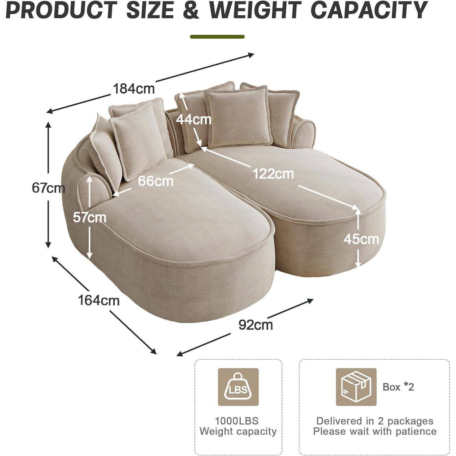 Produktgröße und Gewichtstragetab für ein beiges modulares Chaise-Sofa: 184 cm breit, 164 cm tief, 67 cm hoch, Tragfähigkeit 1000 lbs, geliefert in 2 Paketen.
