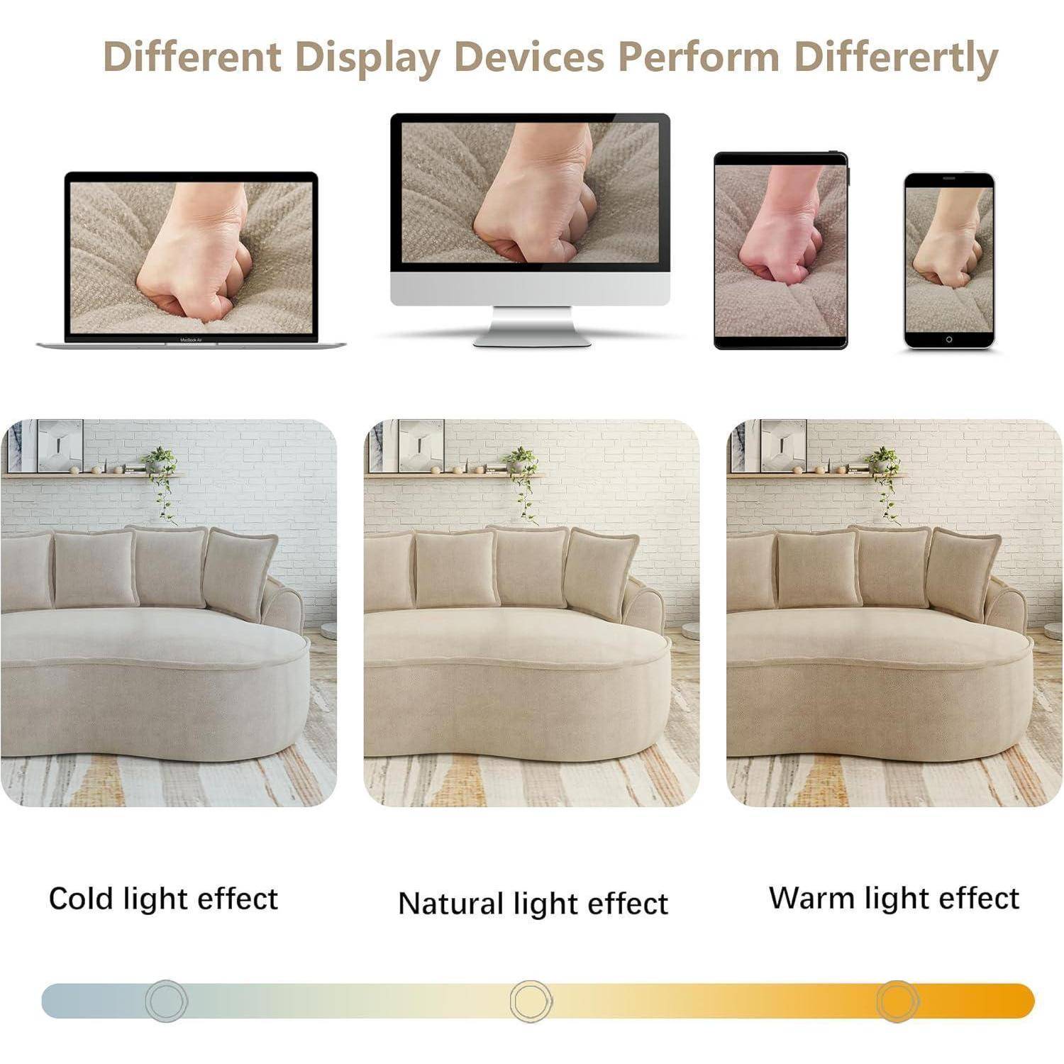 Vergleichsbild, das dasselbe beige Sofa unter drei Anzeigegeräten und drei Beleuchtungseffekten zeigt: kaltes, natürliches und warmes Licht, mit einem Farbtemperatur-Schieberegler darunter.