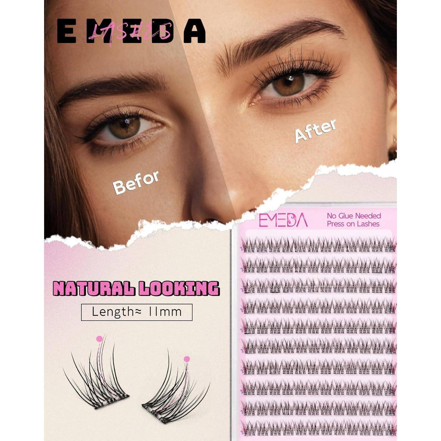 Vorher-und-Nachher-Anzeige für Wimpernverlängerungen mit natürlich aussehenden 11-mm-Wimpern und der Produktanzeige 