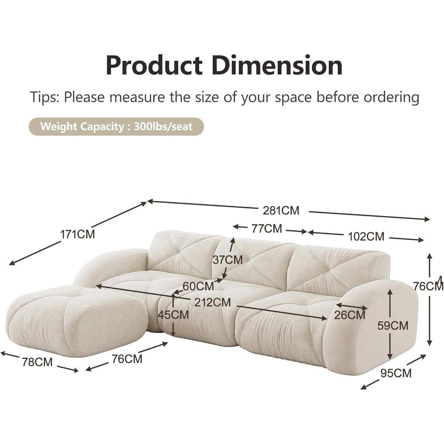 Produktabmessungsdiagramm eines beigefarbenen Ecksofa mit Chaiselongue und Hocker, mit folgenden Maßen: 281 cm Breite, 171 cm Chaiselongue-Tiefe, 95 cm Sitzteufe, 76 cm Höhe und Tragfähigkeit von 300 lbs pro Sitzplatz.