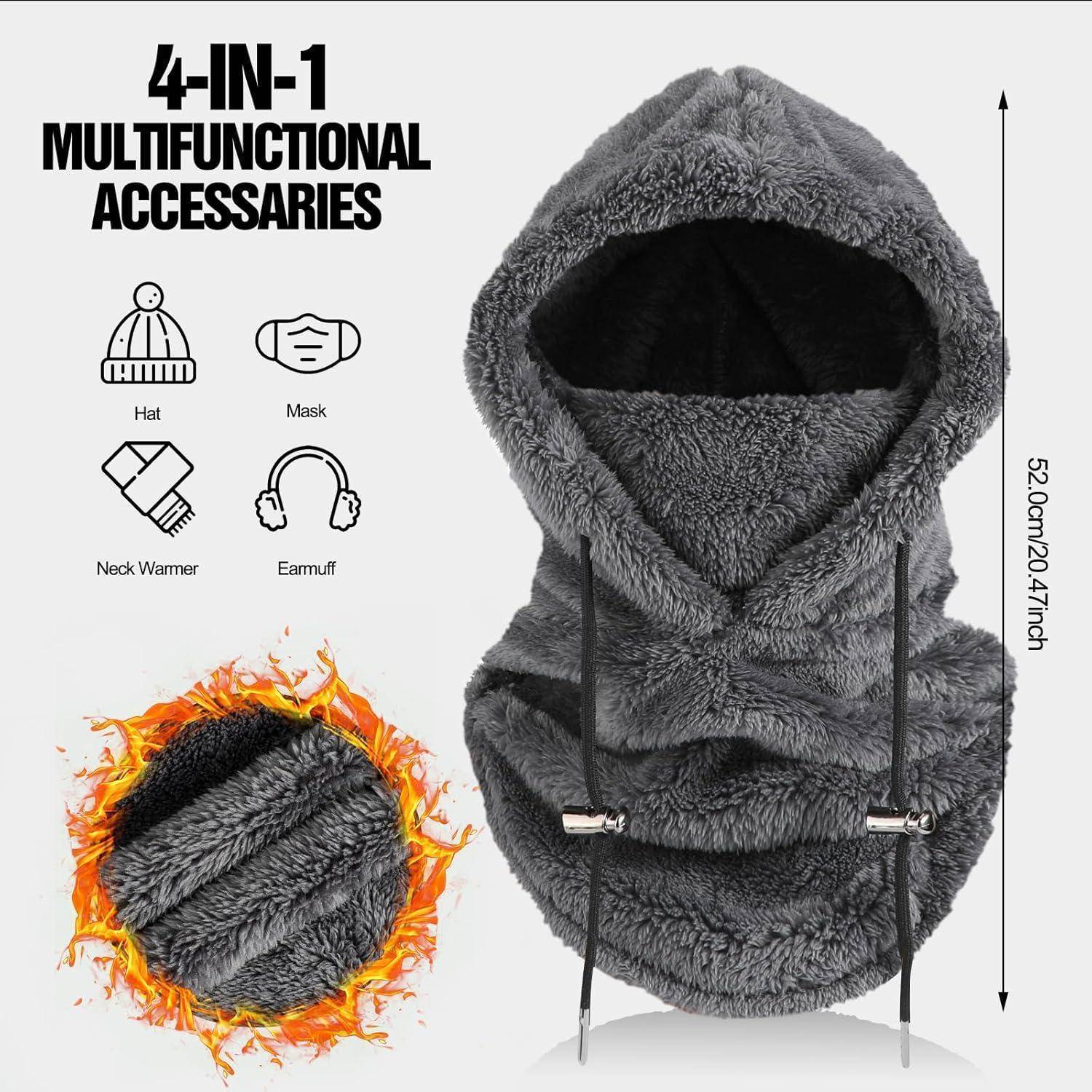 Grau 4-in-1 Kopfbedeckung mit Kapuze, gezeigt als Hut, Maske, Nackenwärmer und Ohrenschützer, mit einer Höhenangabe von 52 cm und einem kleinen Flammeneffekt-Einsatz.