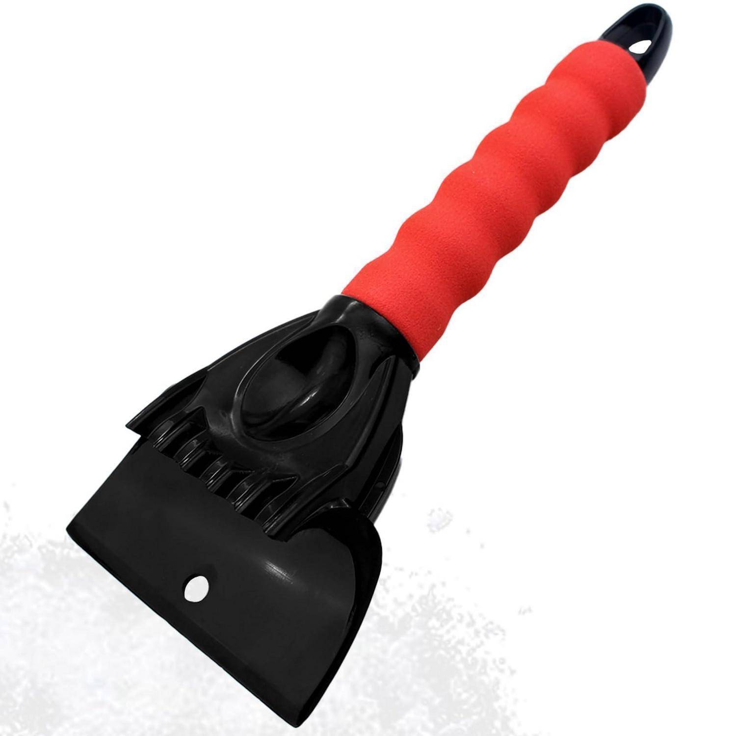 Eiskratzer mit rotem Griff und schwarzem Blatt, gezeigt auf weißem Hintergrund.