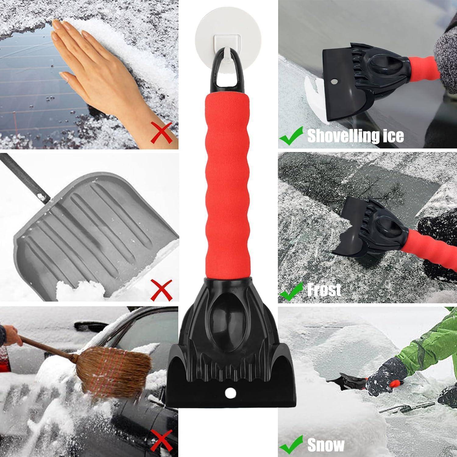 Kollage zeigt einen Eiskratzer für das Auto mit rotem Griff, der korrekt zum Entfernen von Eis, Frost und Schnee von einer Windschutzscheibe verwendet wird; Besen und Hand sind als falsch markiert.