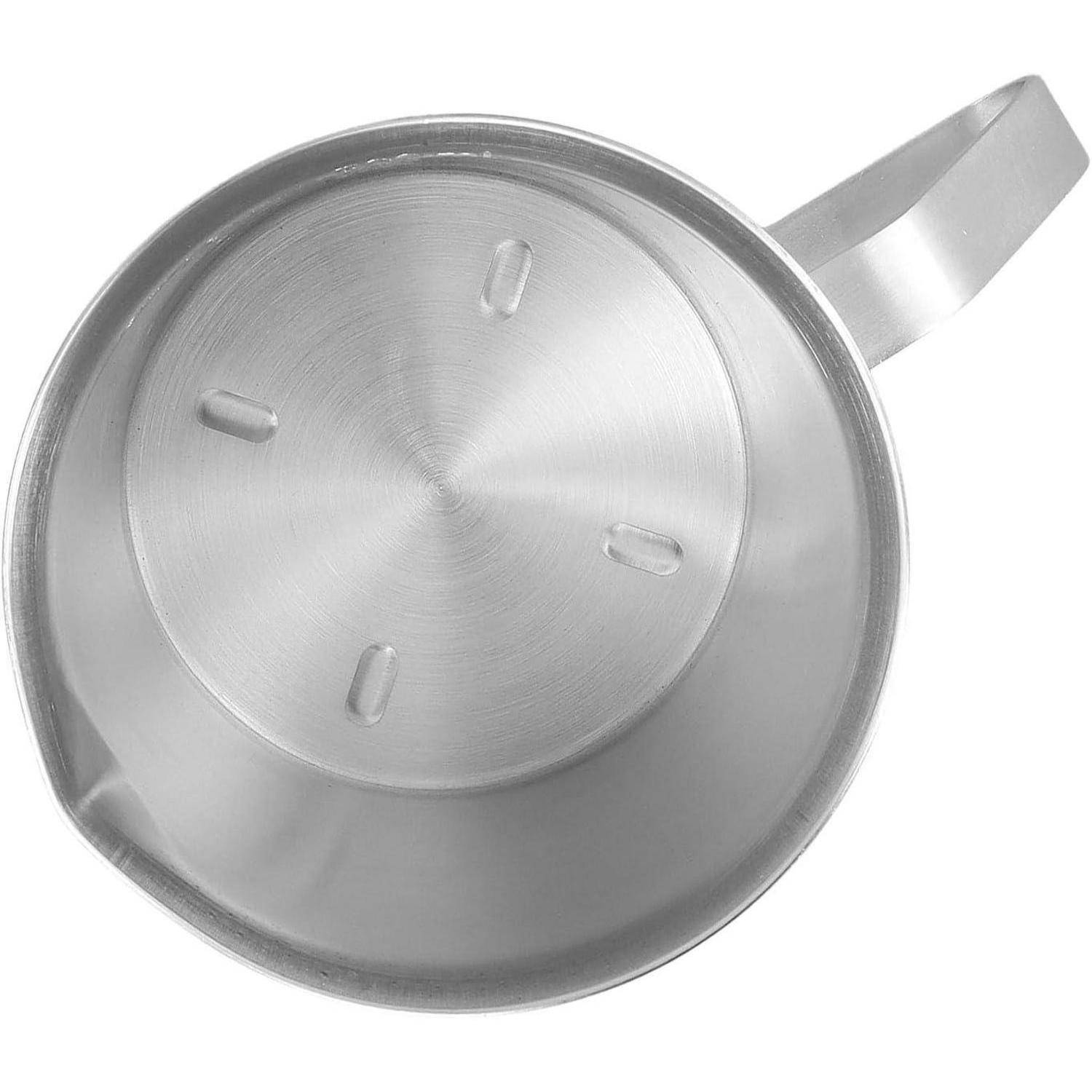 Deckel aus Edelstahl für Topf oder Pfanne mit Griff, von oben auf weißem Hintergrund dargestellt.