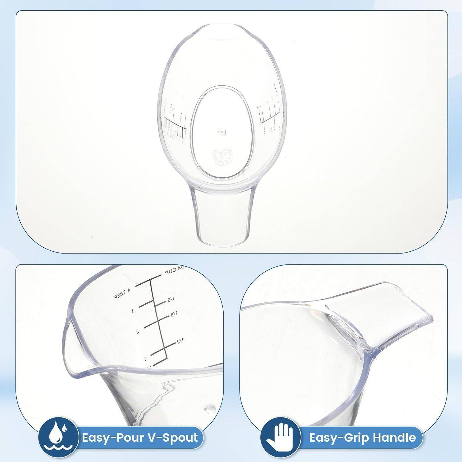 Diagramm eines transparenten Messbehälters mit leicht zu gießender V-Ausguß und ergonomischem Griff, mit Messskalen.
