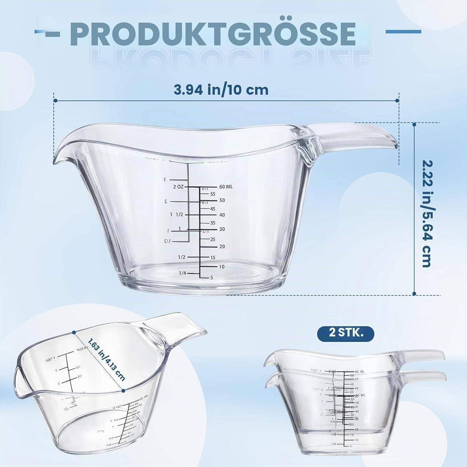 Produktgrößendiagramm einer durchsichtigen Messbechern: 3,94 Zoll/10 cm breit und 2,22 Zoll/5,64 cm hoch, gezeigt als 2er-Set.