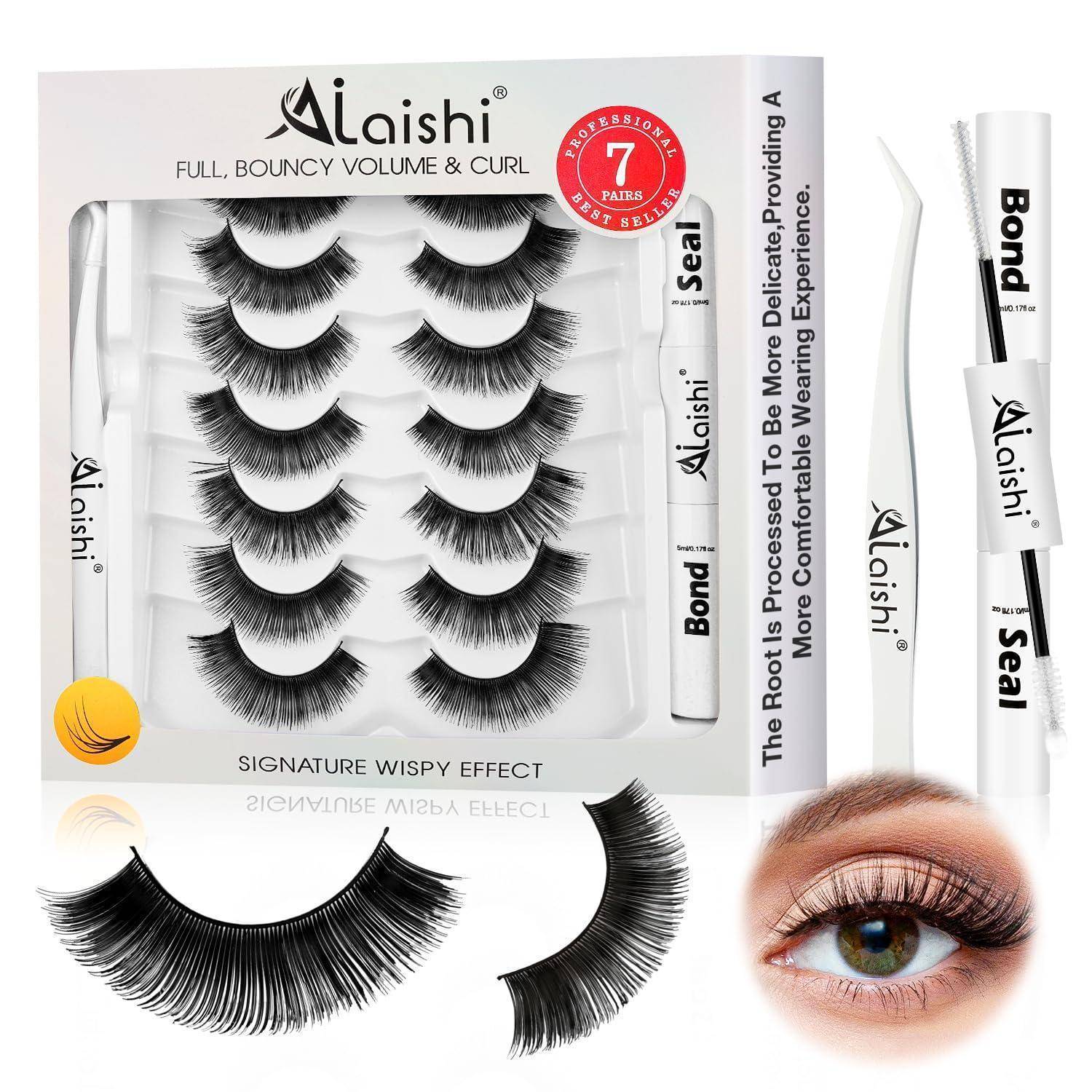 Alaishi Künstliche Wimpern-Set mit 7 Paar, Bond- und Seal-Applikatoren sowie Modellage, die den hauchzarten Wimpern-Effekt zeigt.