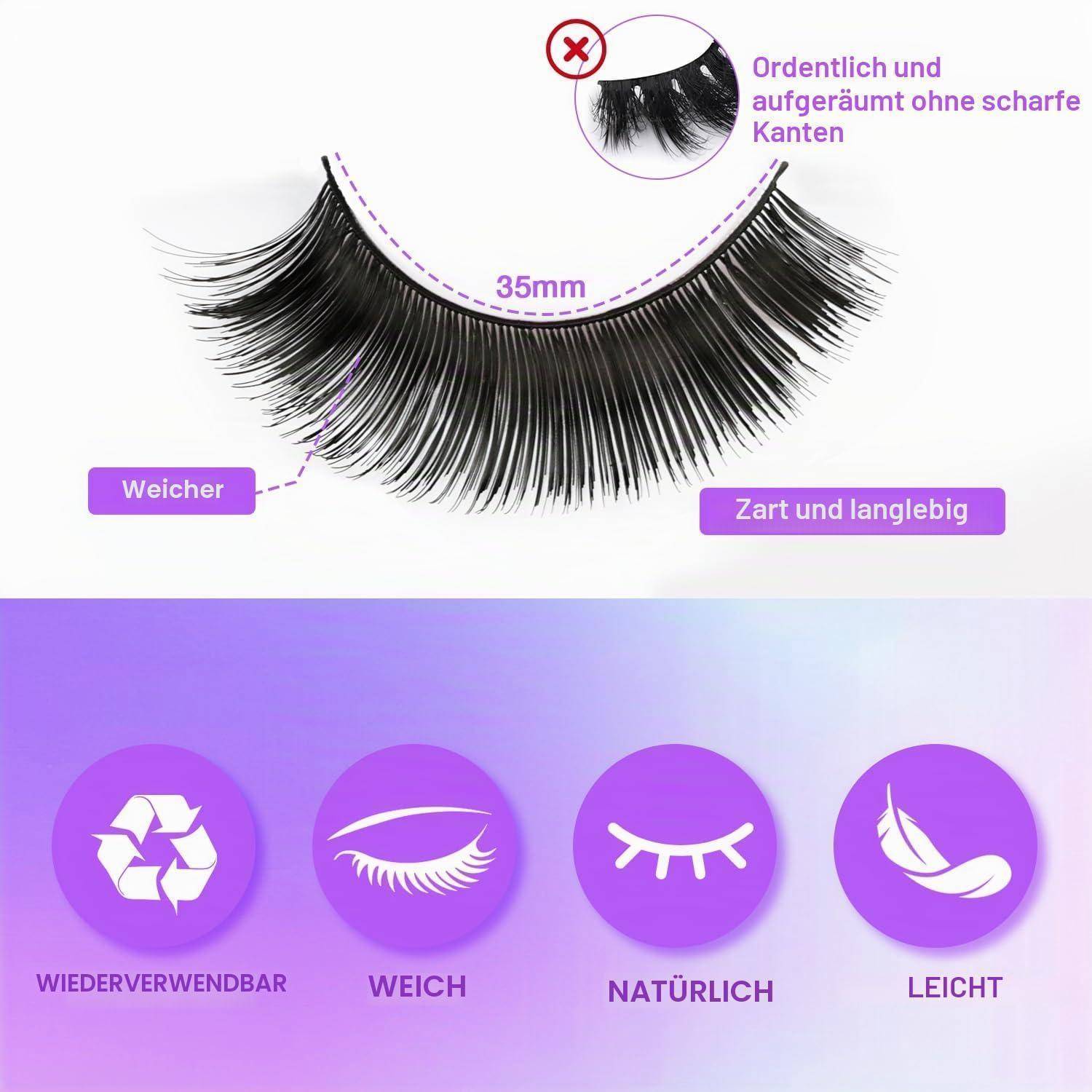 Produktgrafik von künstlichen Wimpern, mit 35 mm gekennzeichnet, mit Hinweisen, die „Weicher