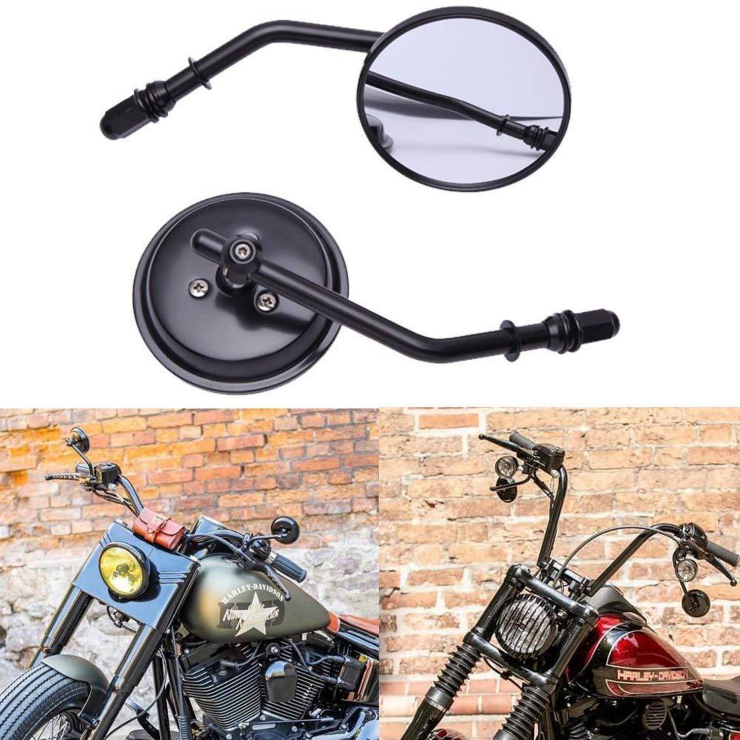 Schwarze runde Motorrad-Seitenspiegel und eine montierte Ansicht, die sie auf Custom-Cruisern gegen eine Backsteinmauer installiert zeigt.