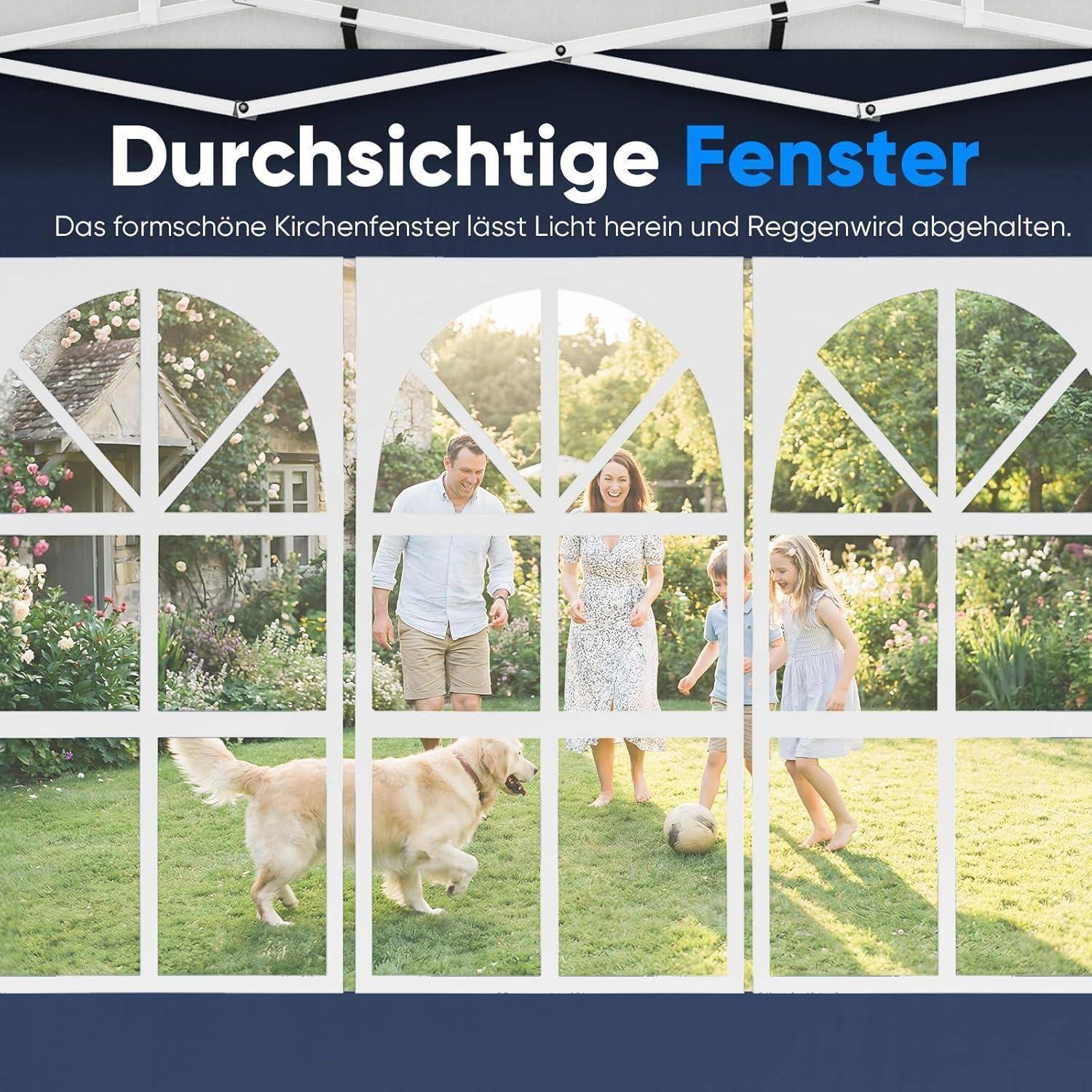 Anzeige zeigt transparente Küchenfenster mit dem deutschen Text „Durchsichtige Fenster" und eine Familie, die durch gewölbte Scheiben sichtbar ist, draußen, die den Regen abhält und das Licht hereinlässt.