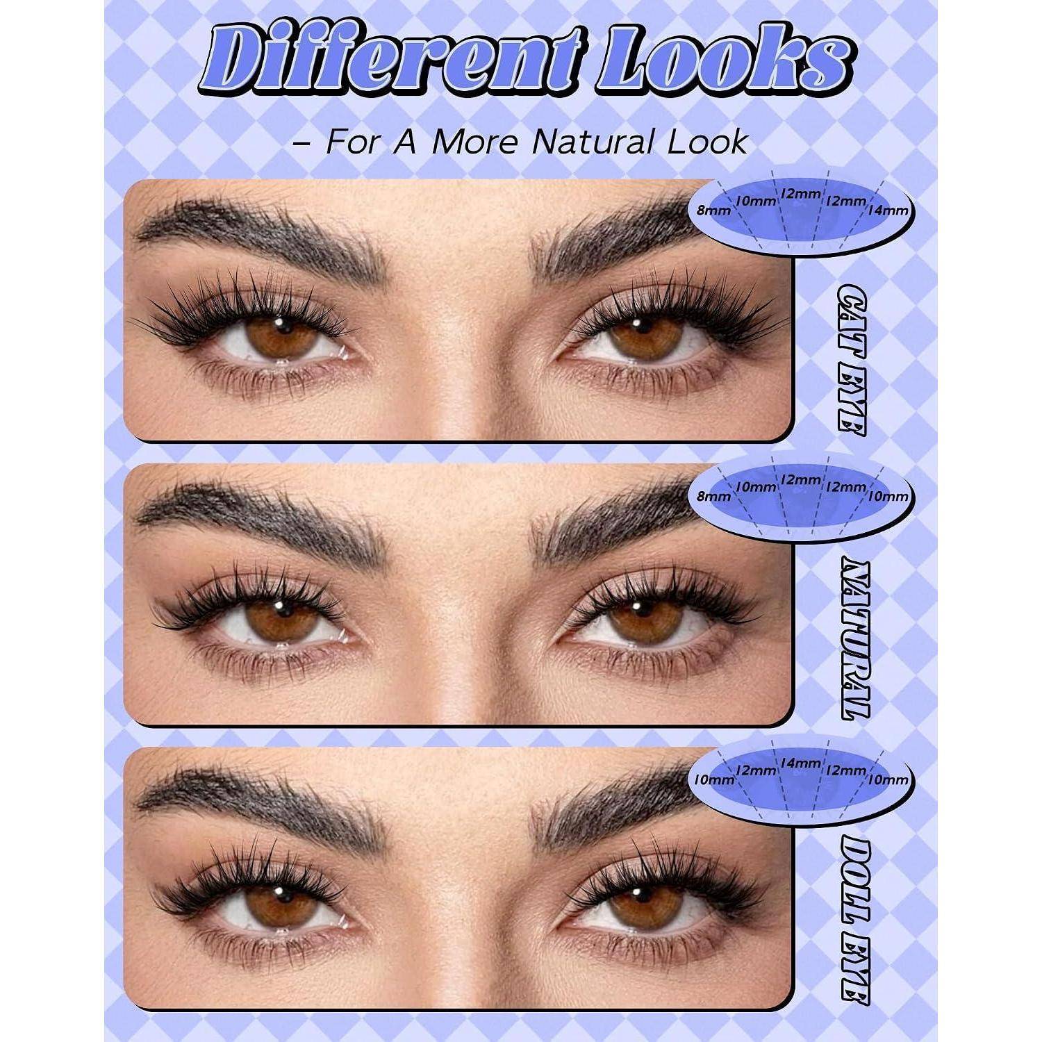 Beauty-Anzeige mit drei Wimpernverlängerungsstilen auf denselben Augen: Cat Eye, natürlich und Doll Eye, mit Wimpernlängen gekennzeichnet.