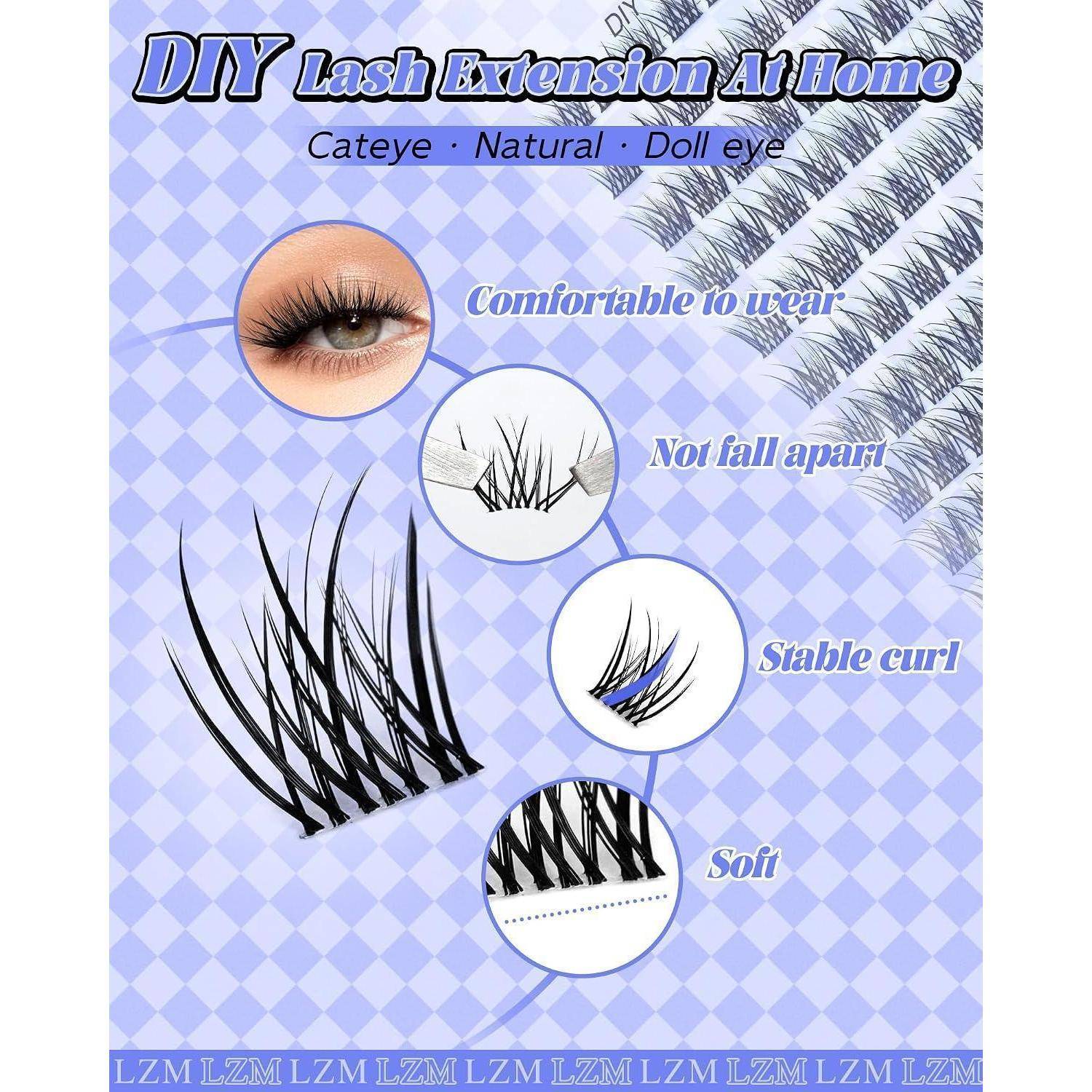 Promotional-Plakat für DIY-Wimpernverlängerungen zu Hause, das Cat-Eye-, natürliche und Doll-Eye-Stile mit Nahaufnahme des Auges und Beschriftungen zeigt: angenehm zu tragen, fallen nicht auseinander, stabiler Schwung, weich.