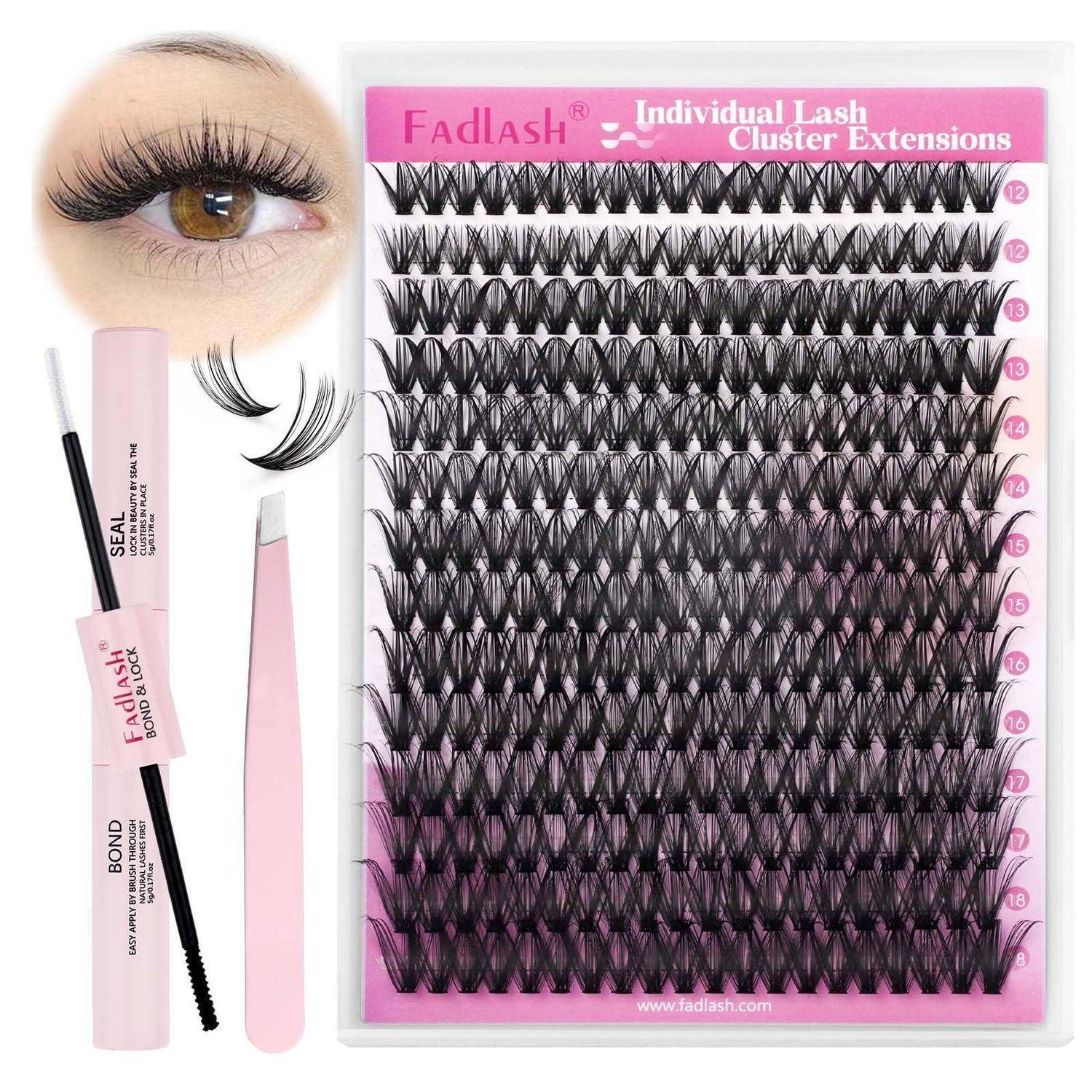 Wimpernverlängerungs-Set mit Modellauge, Applikatoren und einem Tablett mit der Aufschrift „Individuelle Wimpernbüschel-Extensions