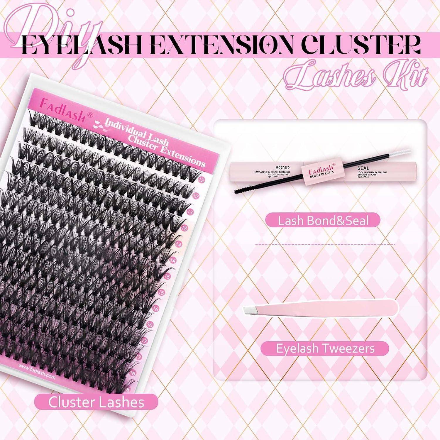 Werbegrafik für ein Wimpernverlängerungs-Cluster-Set, das Cluster-Wimpern, Wimpernkleber und Versiegelung sowie Wimpernpinzetten auf rosa Hintergrund zeigt.