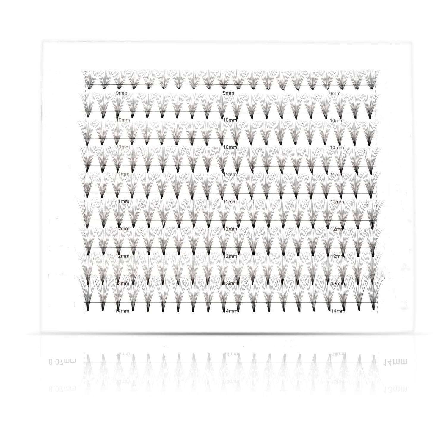 Diagramm von wiederholten V-förmigen Haar- oder Wimpernverlängerungsmuster, nach Länge gekennzeichnet von 9 mm bis 14 mm, in Reihen zur Vergleichung angeordnet.