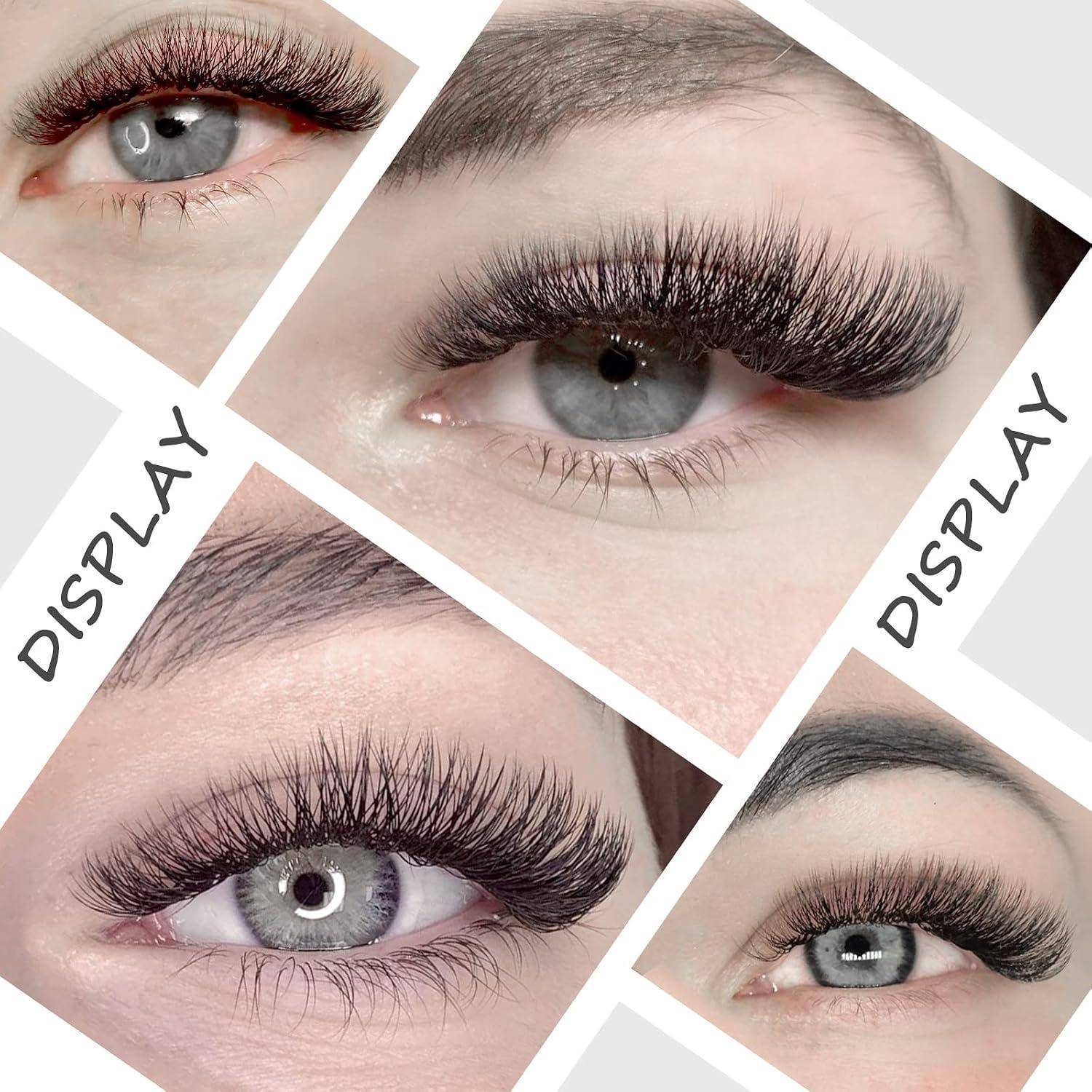 Collage von vier Nahaufnahmen von Augen mit langen, dicken Wimpernverlängerungen; das Wort „DISPLAY