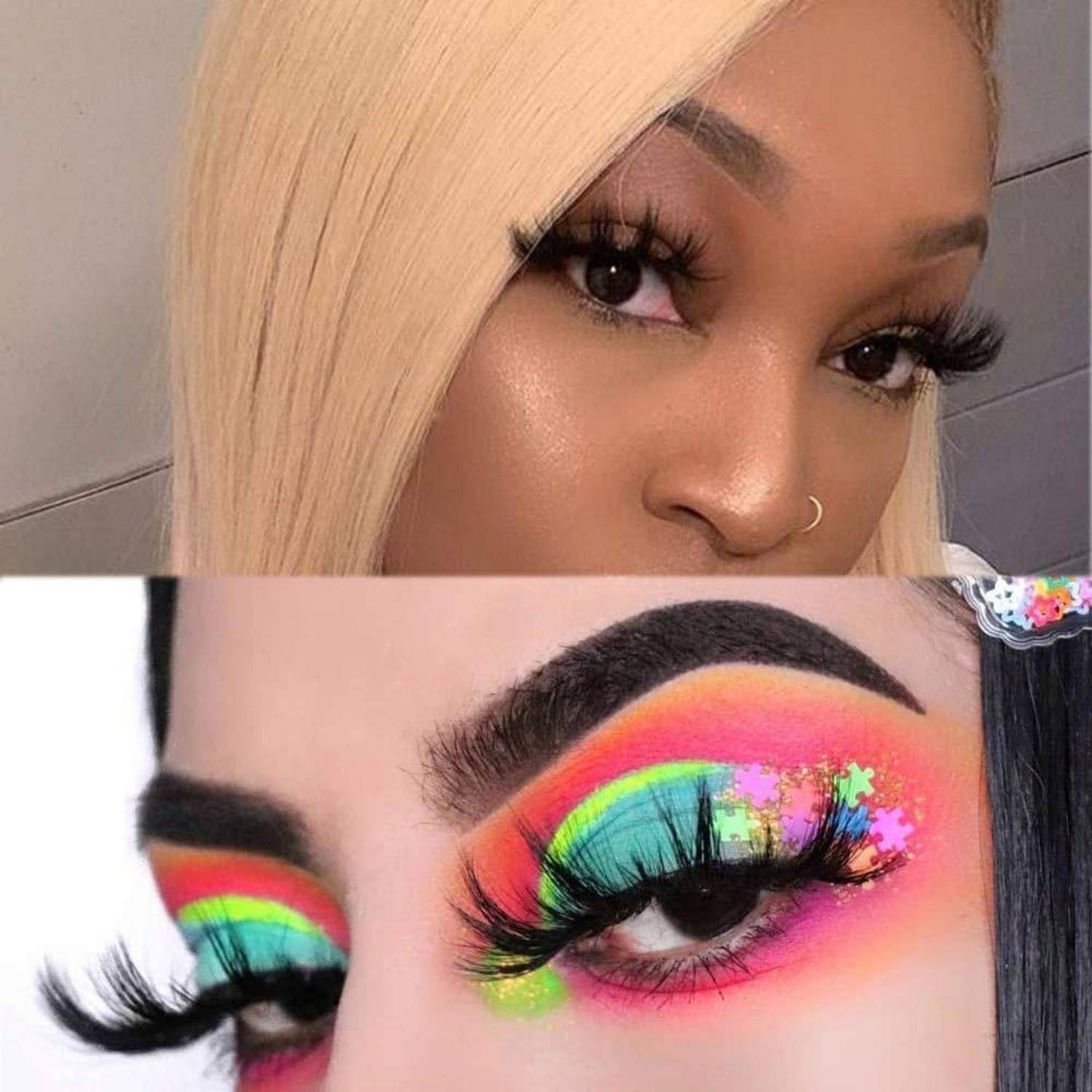 Geteiltes Bild, das oben eine Frau mit blonden Haaren und einem Nasenpiercing zeigt, und unten dasselbe Auge mit kühnem Regenbogen-Lidschatten und langen Wimpern.
