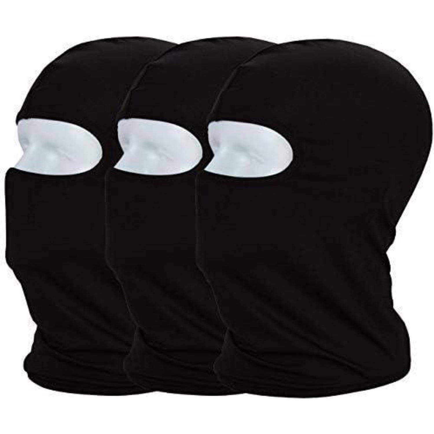 Drei schwarze Skimasken mit weißen Augenlöchern, nebeneinander auf weißem Hintergrund dargestellt.