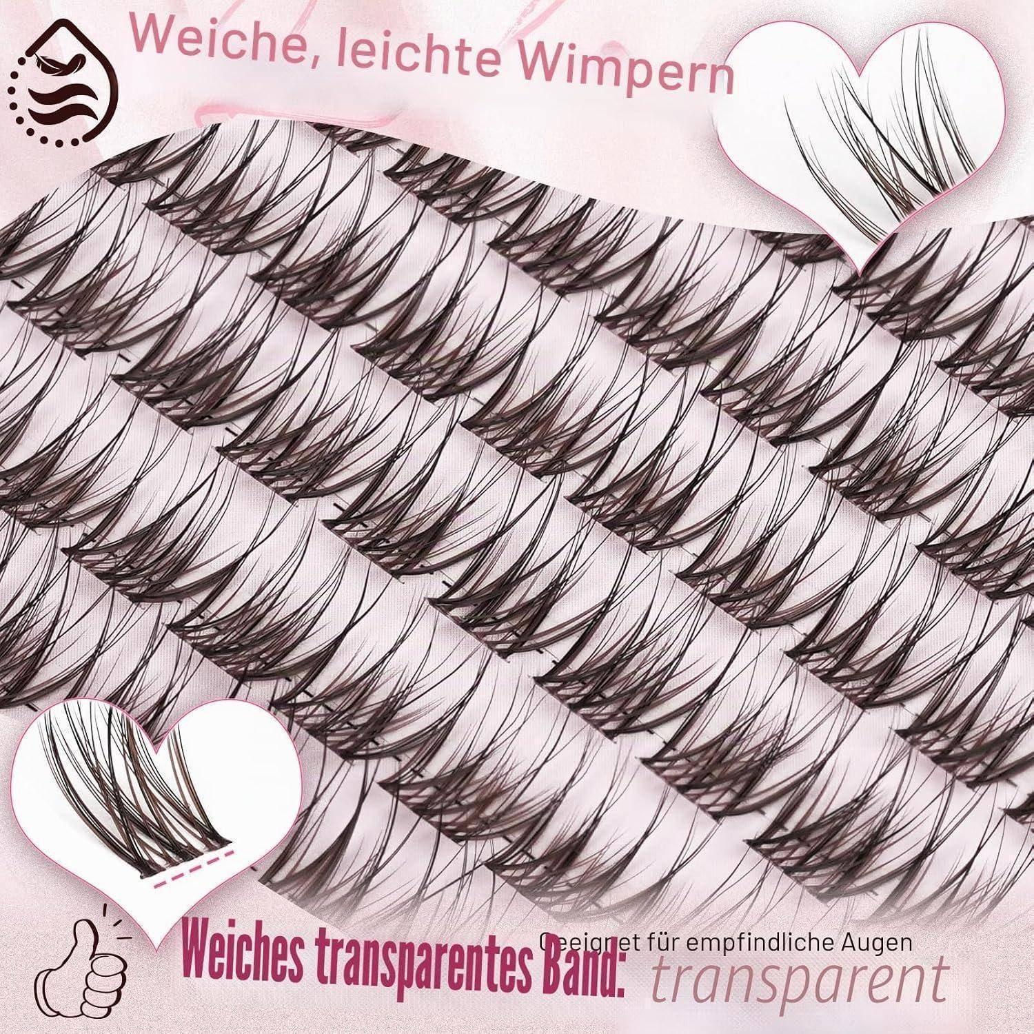 Nahaufnahme von falschen Wimpernstreifen auf transparentem Band, beschriftet mit „Weiche, leichte Wimpern