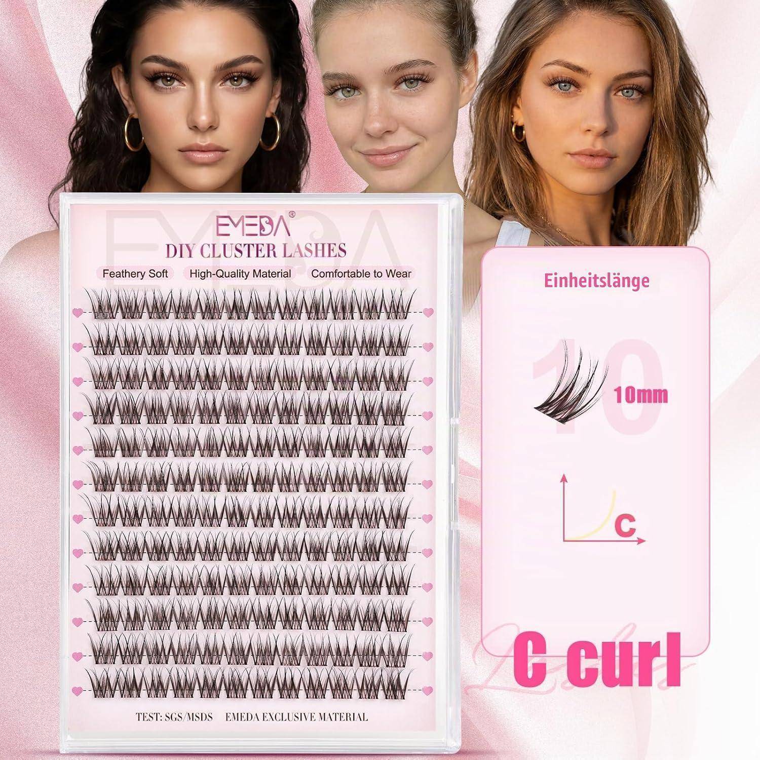 Produktbild von EVEDA DIY Cluster-Wimpern mit C-Curl, zeigt ein Wimpern-Tablett und eine 10-mm-Einzelwimpern-Längenkarte mit drei Model-Gesichtern oben.